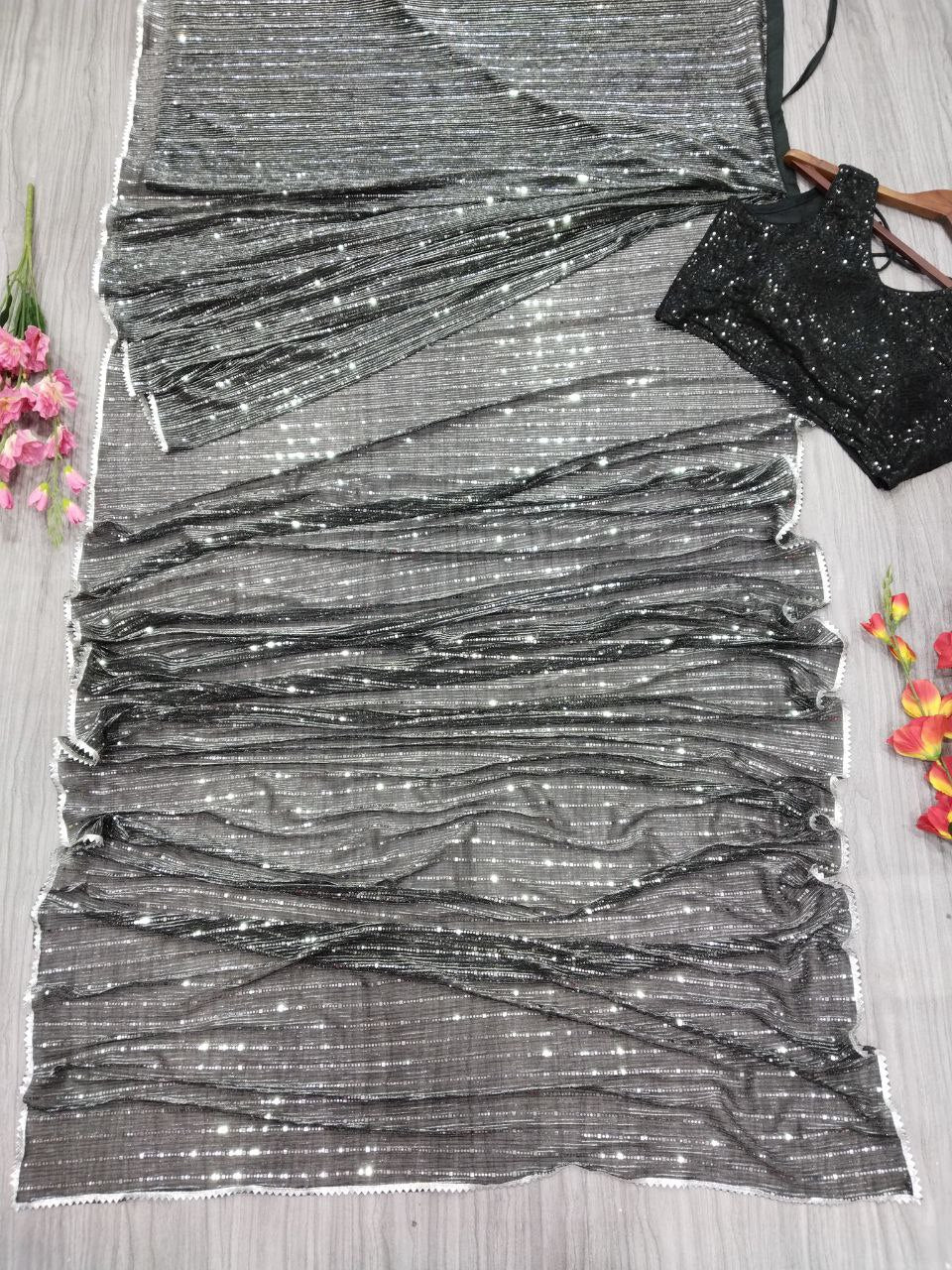 Black Premium Net Embellished With Beautiful Heavy Tikli Work Saree - INSPIRED - qivii