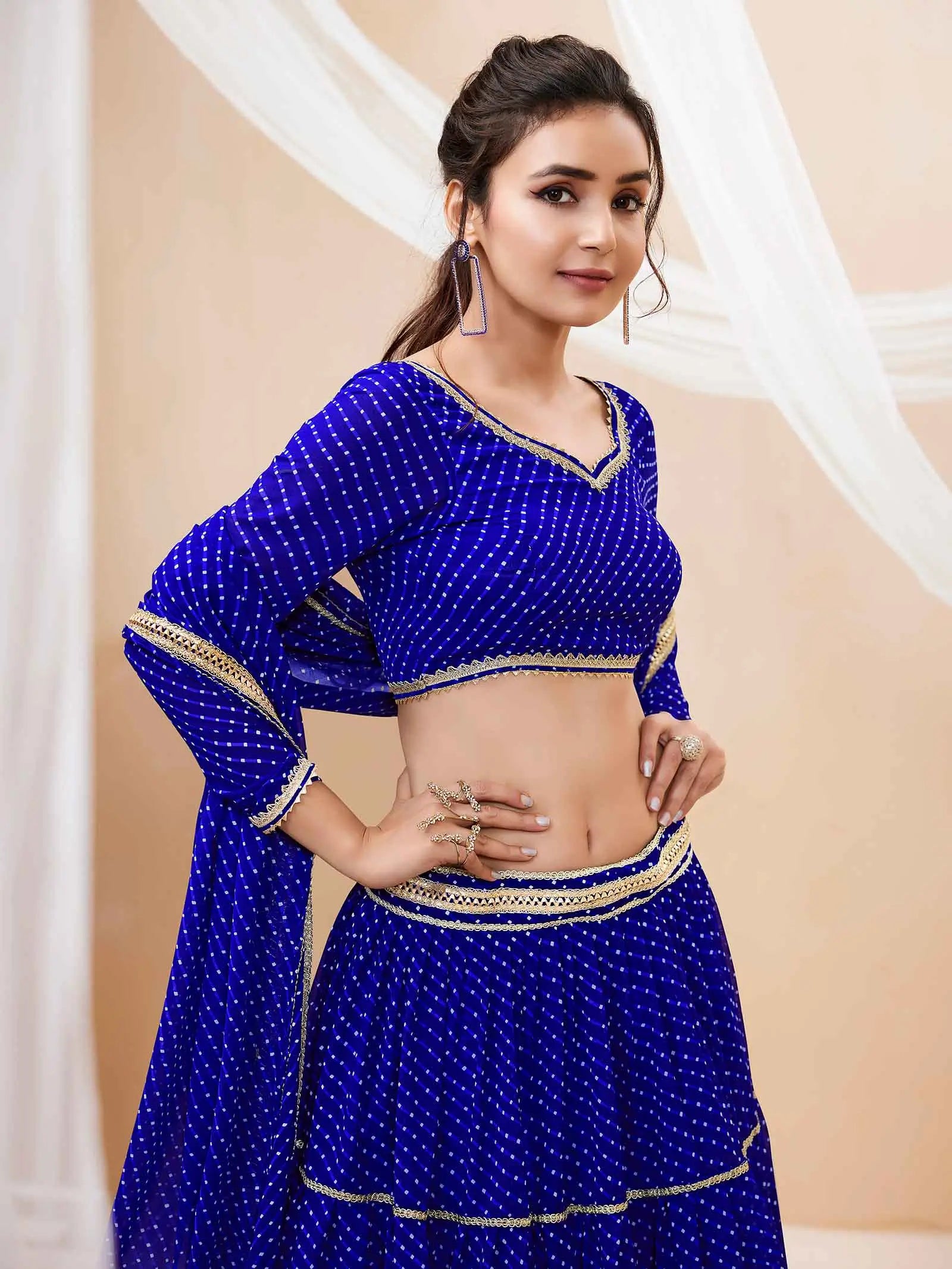 Blue Georgette Leheriya Print Lehenga With Lace All Over Work | Ready To Wear - qivii