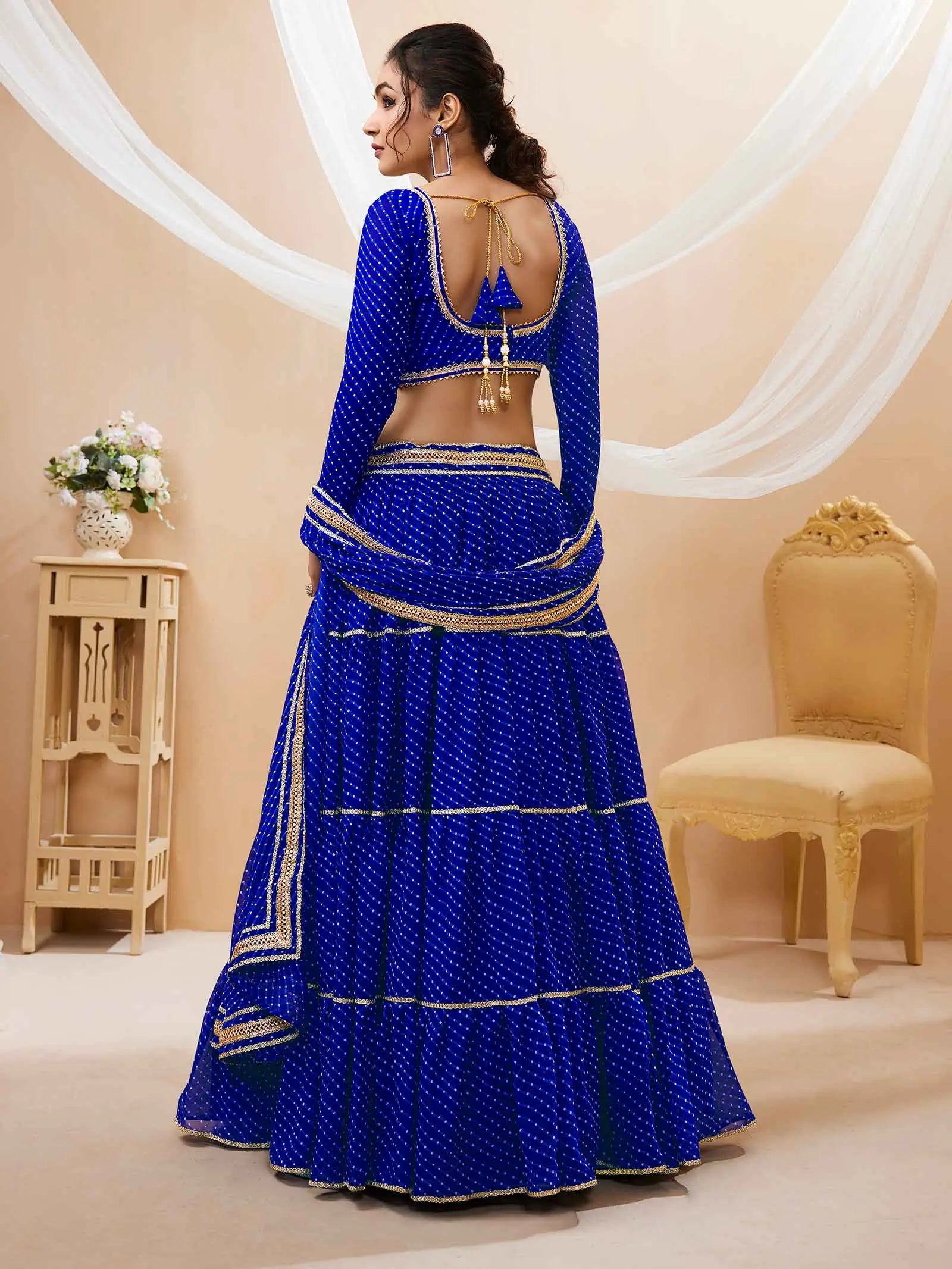Blue Georgette Leheriya Print Lehenga With Lace All Over Work | Ready To Wear - qivii