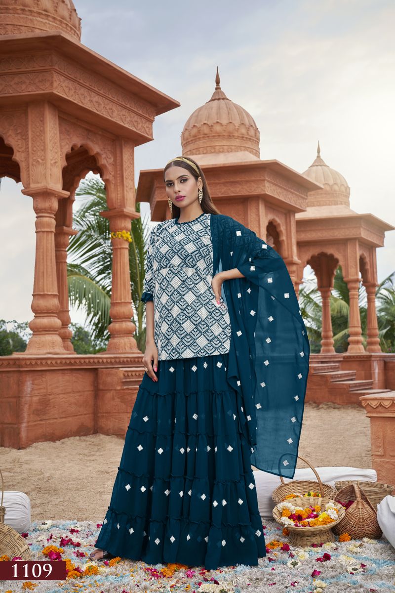 BLUE HEAVY FOX GEORGETTE WITH COTTON EMBROIDERY WORK | Ready To Wear - qivii
