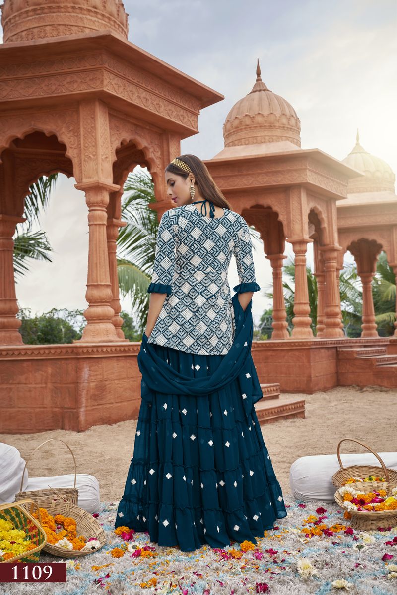 BLUE HEAVY FOX GEORGETTE WITH COTTON EMBROIDERY WORK | Ready To Wear - qivii