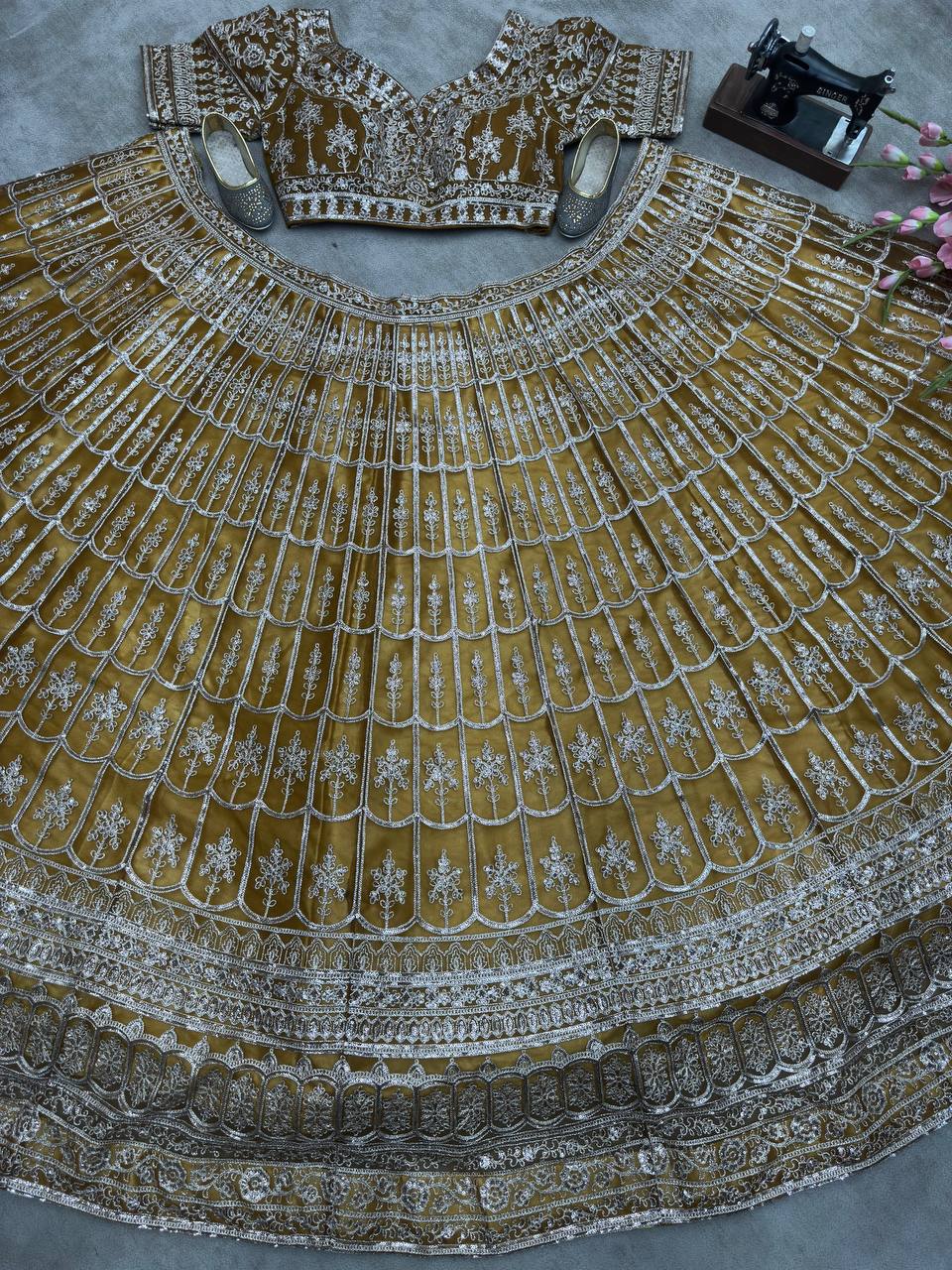 BROWN NET EMBROIDERY SEQUENCE DESIGN WORK LEHENGA - INSPIRED | Ready To Wear - qivii