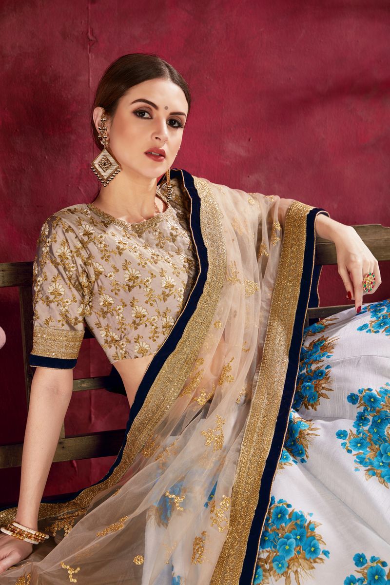 CREAM BEIGE FLORAL PRINT ,DORI, ZARI AND SEQUINS EMBROIDERY LEHENGA CHOLI | Ready To Wear - qivii