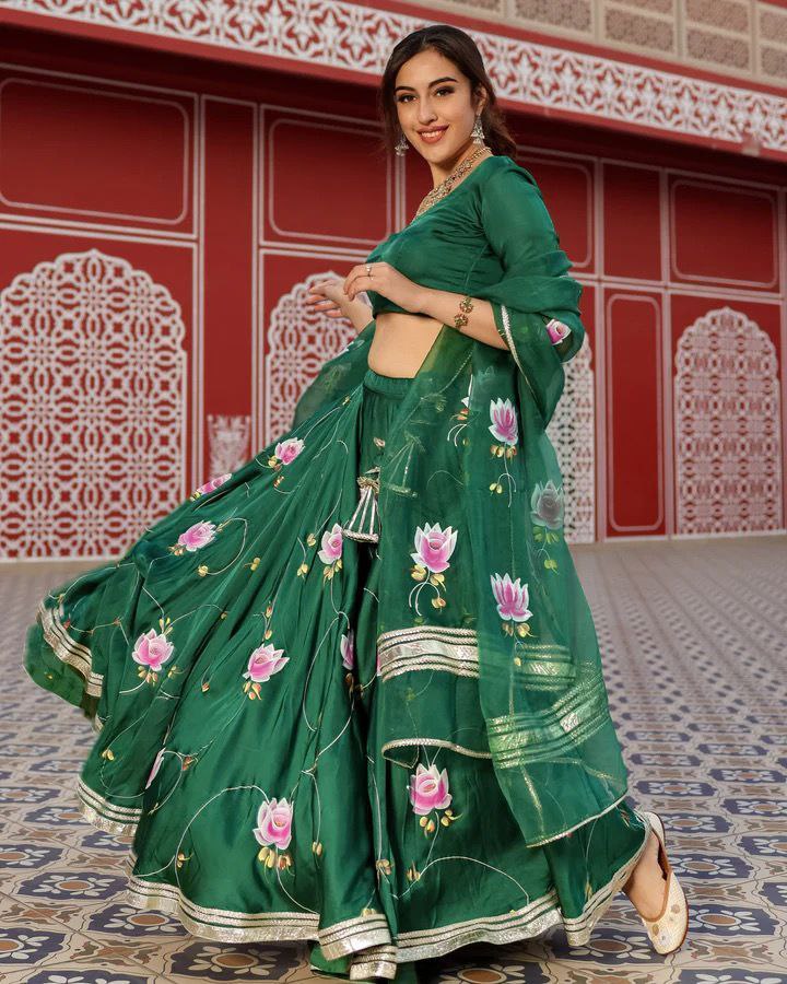 Green Color Premium Baby Satin Silk Embellished With Beautiful Digital Print With Heavy Gotta Patti Work - Inspired | Ready To Wear - qivii
