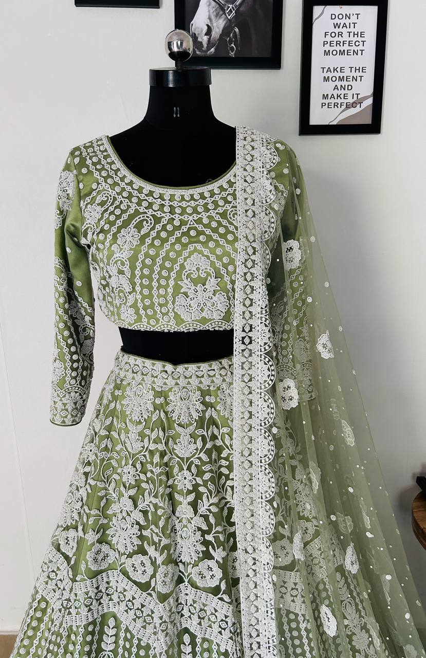 GREEN DESIGNER PURE BITTS PEARL DESIGN WORK LEHENGA - INSPIRED | Ready To Wear - qivii