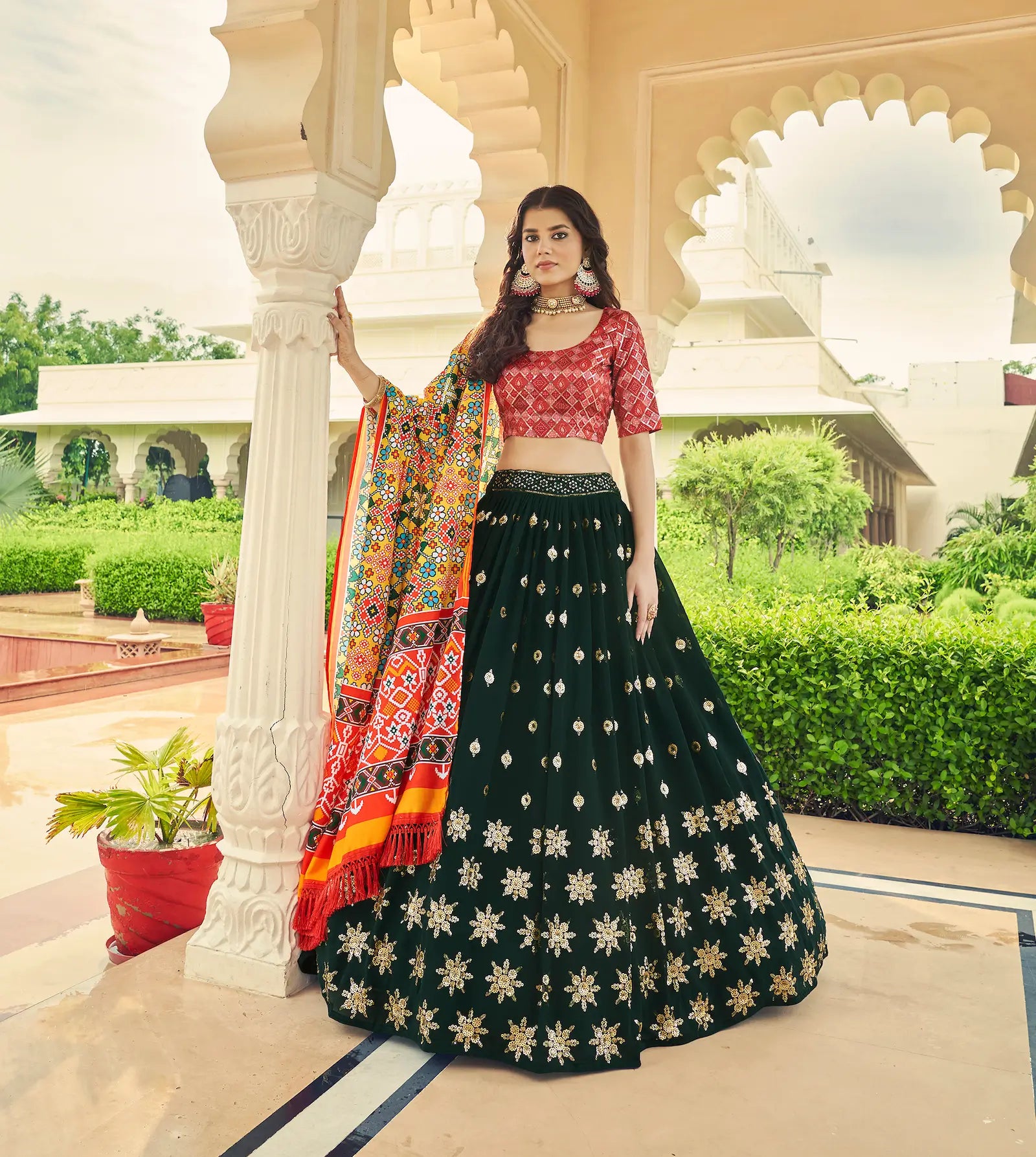 Green Georgette Lehenga Choli With Thread with Sequence Embroidery Work | Ready To Wear - qivii