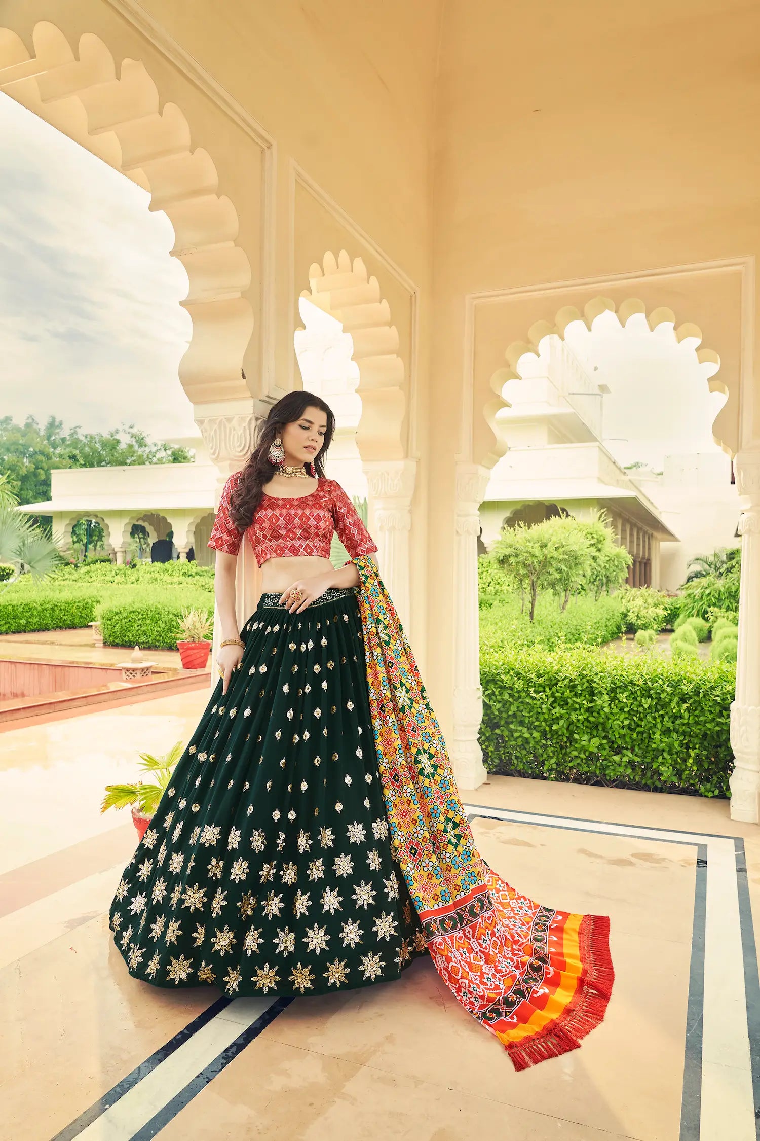 Green Georgette Lehenga Choli With Thread with Sequence Embroidery Work | Ready To Wear - qivii