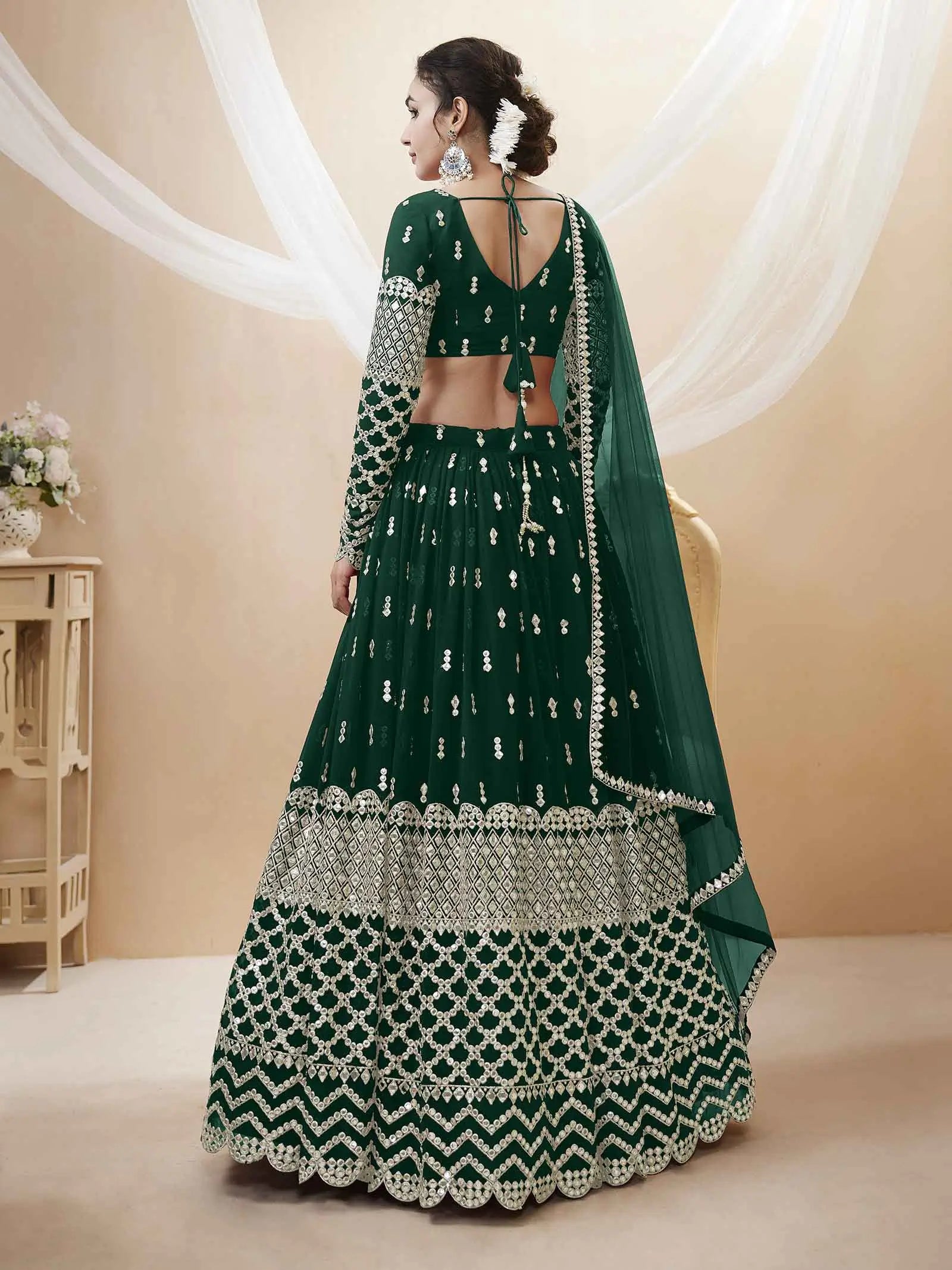 Green Georgette Lehenga  With Sequence Embroidery Work with Dupatta | Ready To Wear - qivii