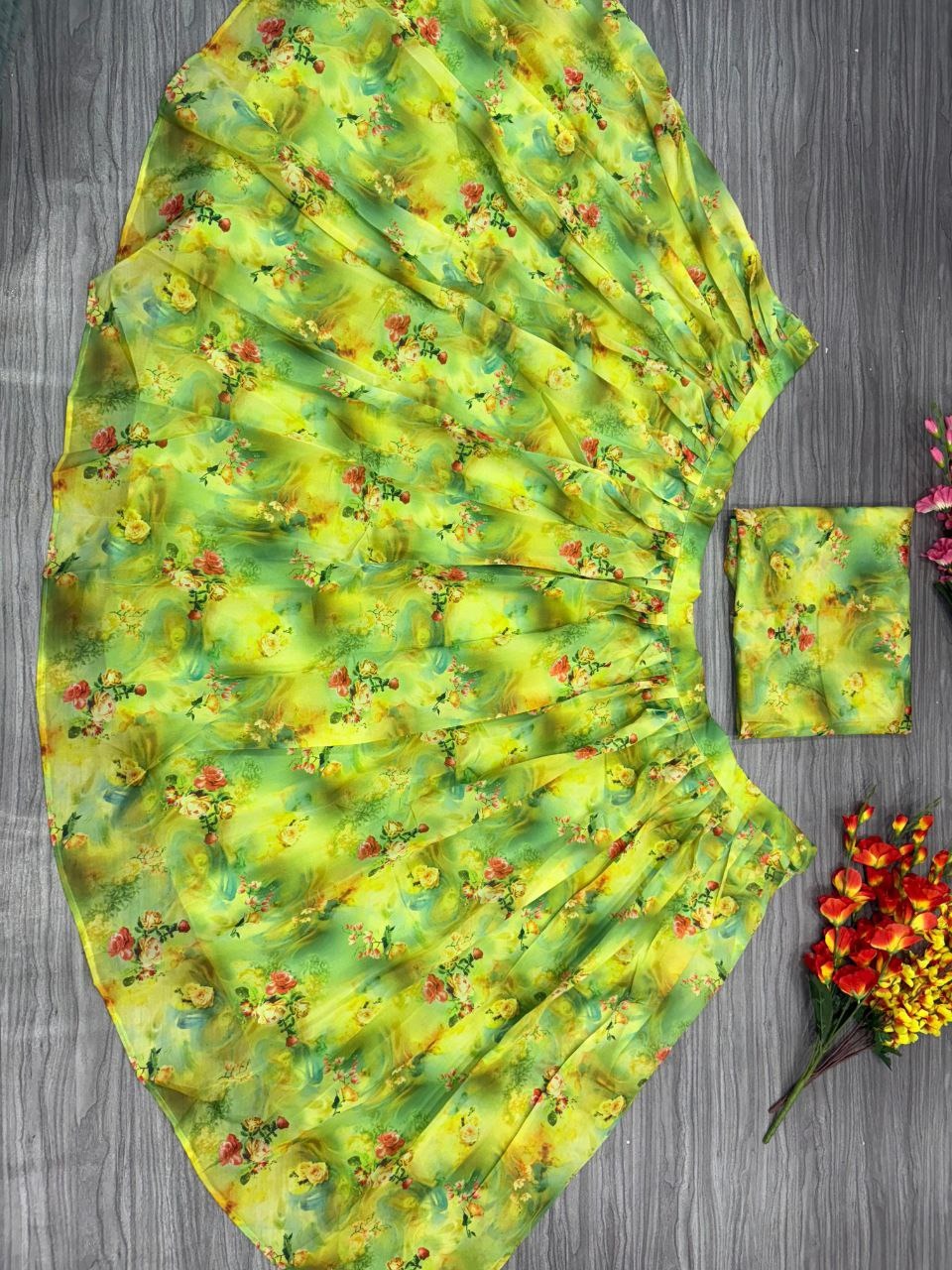 Green Premium Tabby Silk Embellished With Beautiful Floral Print With Heavy Cancan Lehenga - INSPIRED | Ready To Wear - qivii