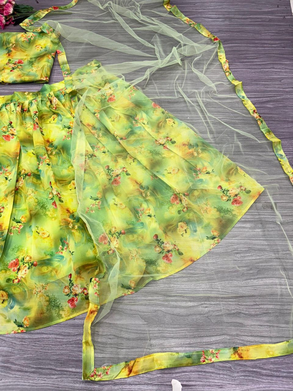 Green Premium Tabby Silk Embellished With Beautiful Floral Print With Heavy Cancan Lehenga - INSPIRED | Ready To Wear - qivii