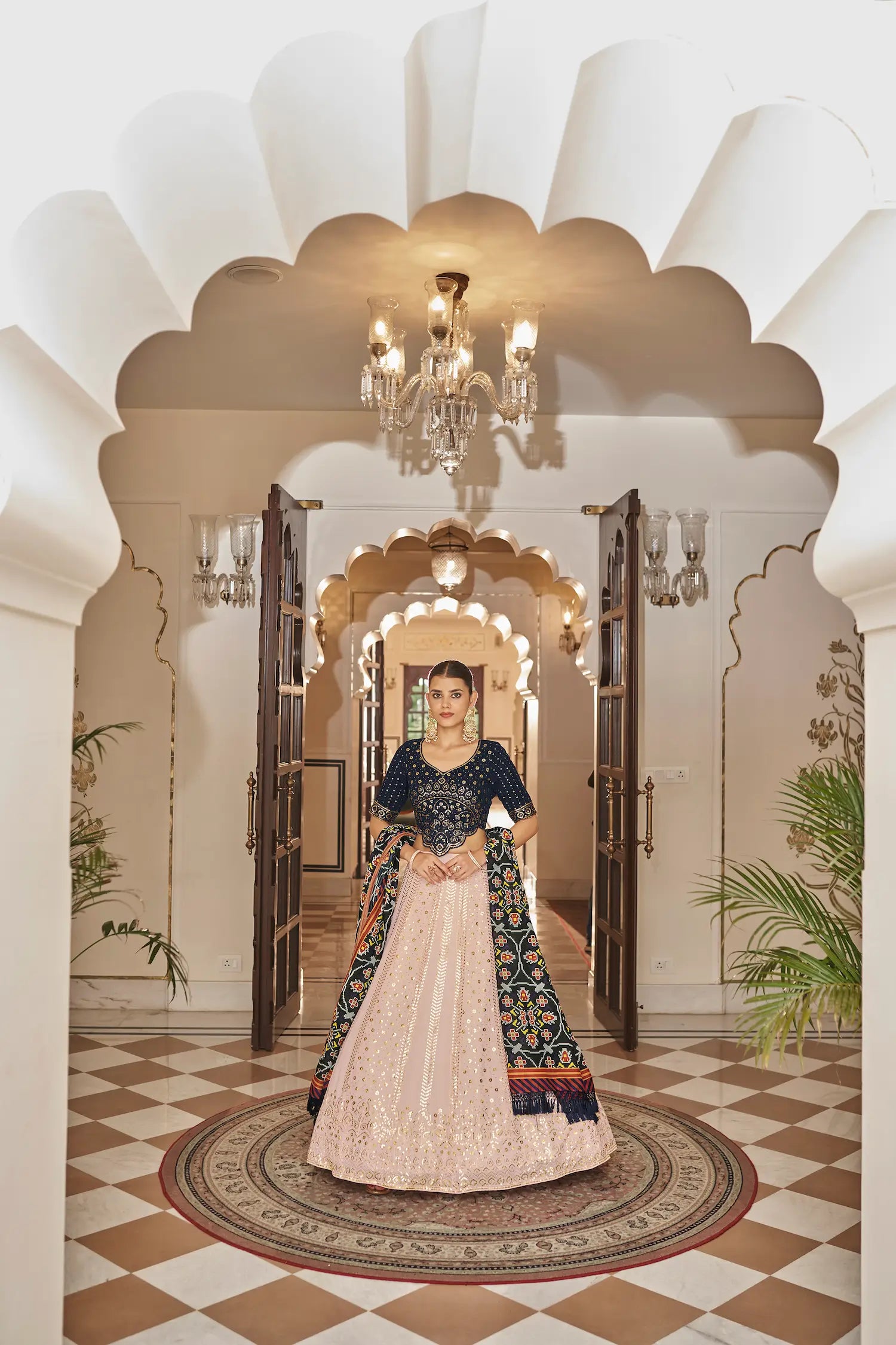Light Pink-Navy Georgette Thread with Sequence Embroidery Work Lehenga Choli | Ready To Wear - qivii