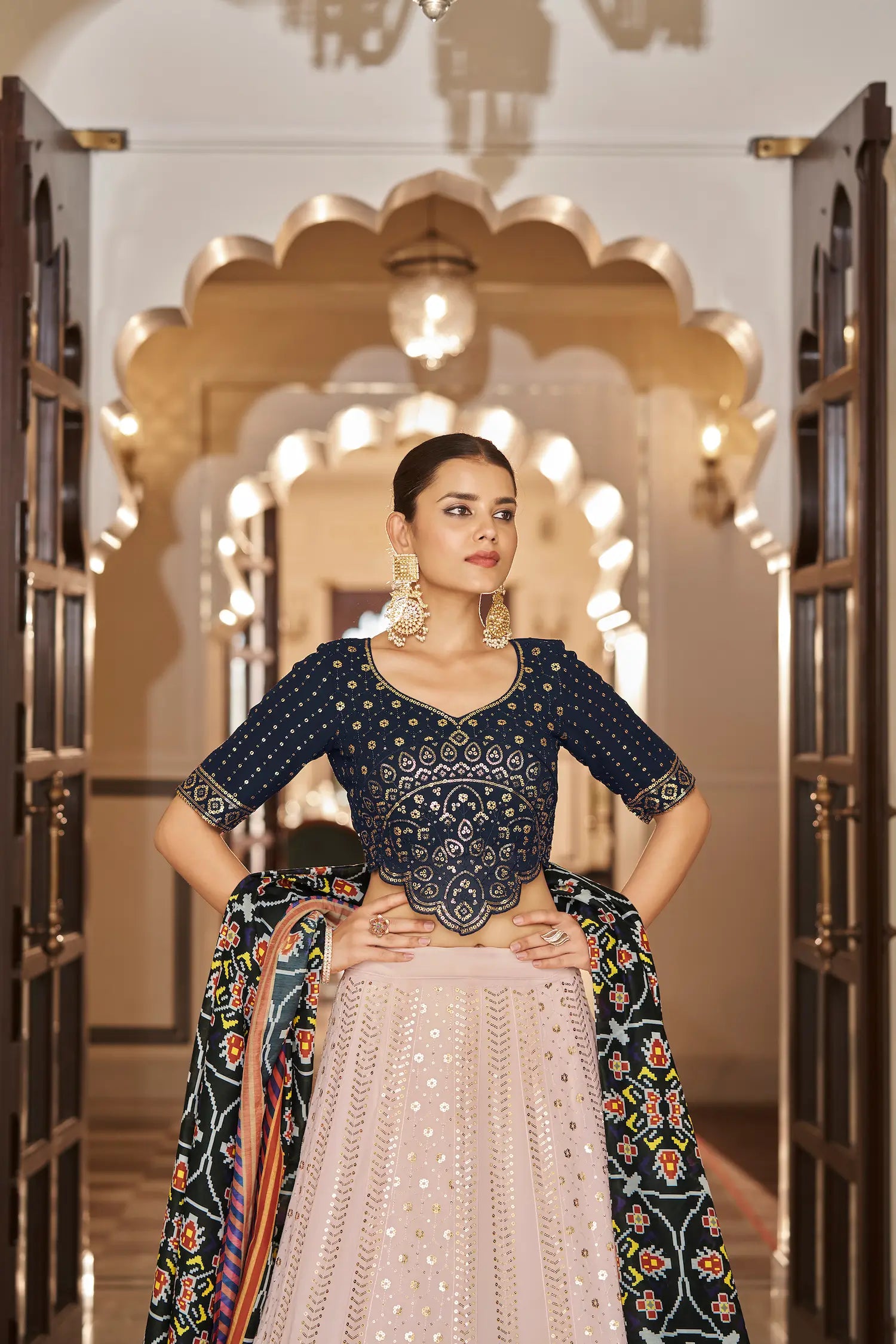 Light Pink-Navy Georgette Thread with Sequence Embroidery Work Lehenga Choli | Ready To Wear - qivii