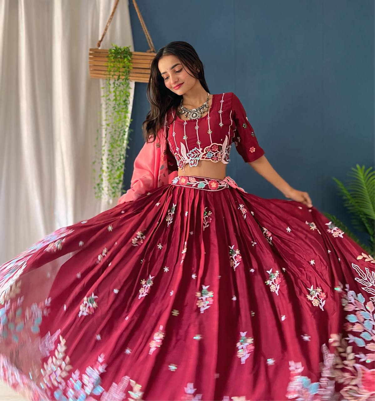 MAROON CHINON SILK WITH EMBROIDERY RAINBOW SEQUENCE AND THREAD DESIGN WORK LEHENGA - INSPIRED | Ready To Wear - qivii