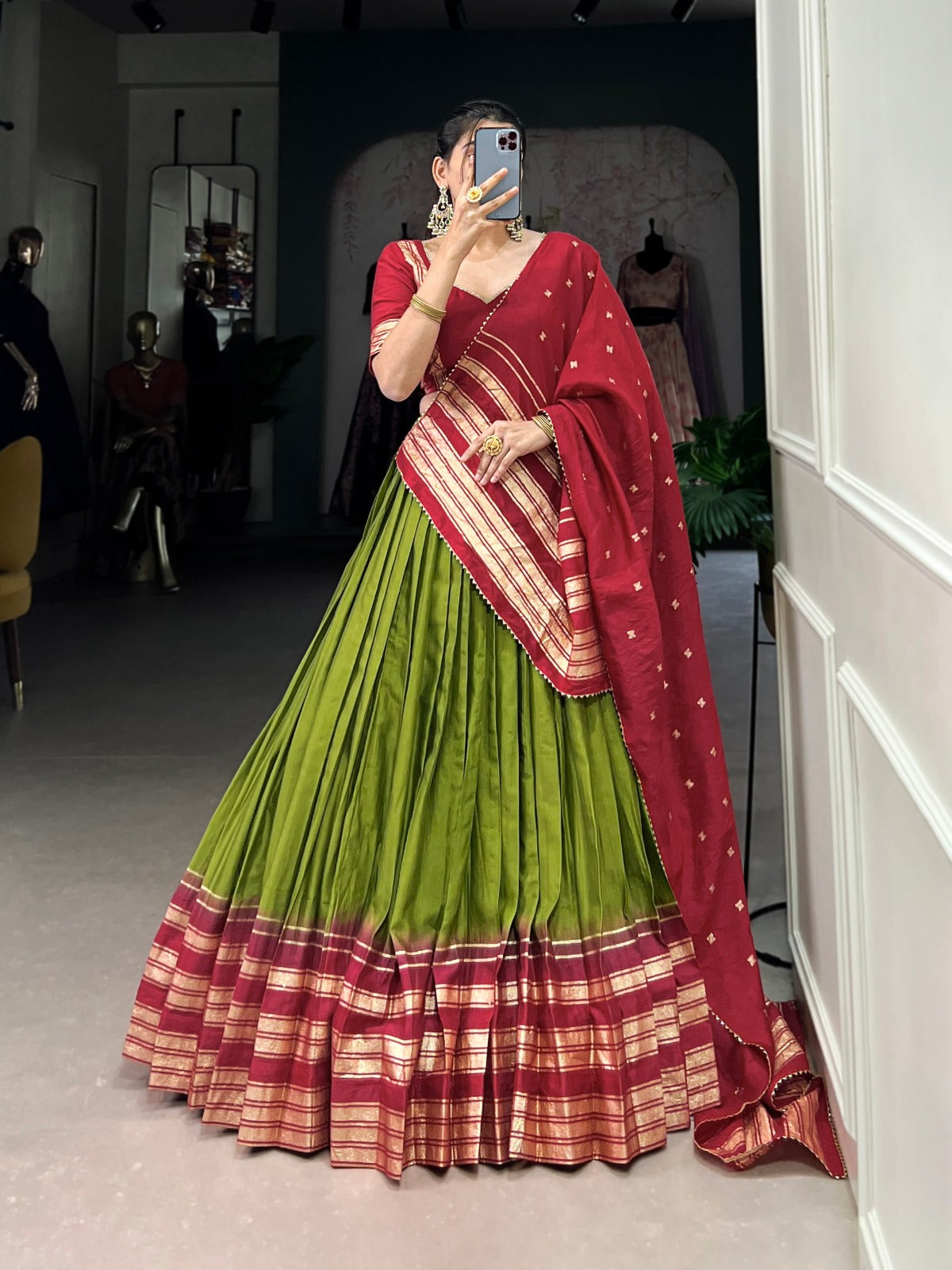 Mehendi Pure Chanderi Plain With Zari Weaving Work Border Lehenga Choli - INSPIRED | Ready To Wear - qivii