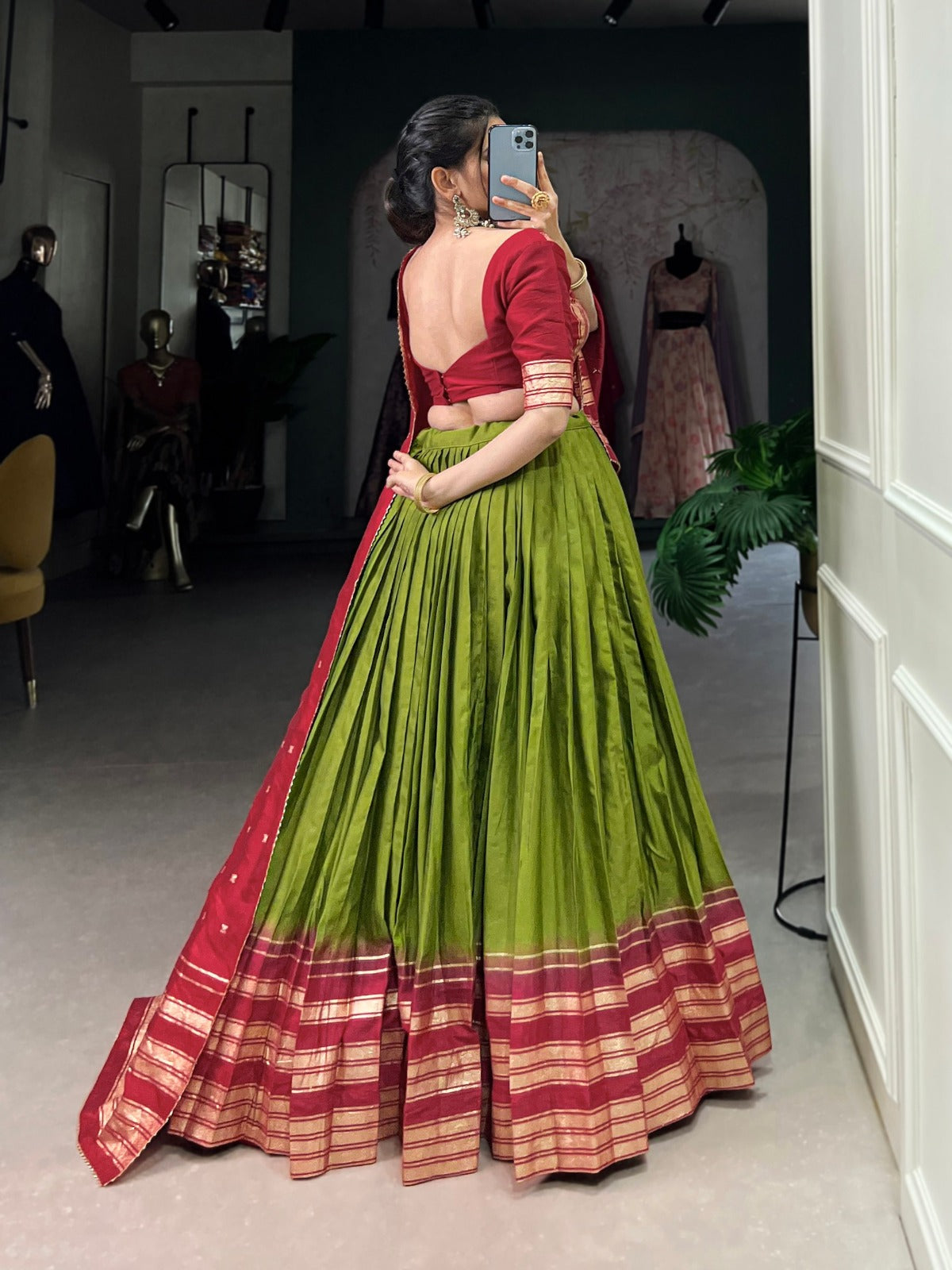 Mehendi Pure Chanderi Plain With Zari Weaving Work Border Lehenga Choli - INSPIRED | Ready To Wear - qivii