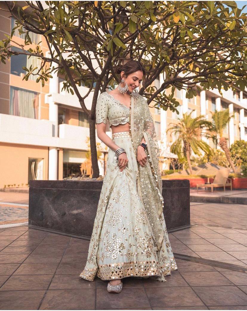 Mulberry silk lehnga with paper mirror work & zari work | Ready To Wear - qivii