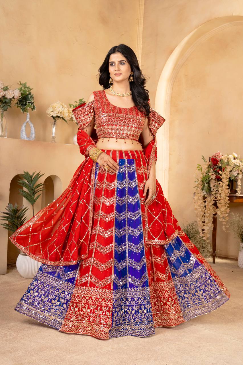 MULTI COLOR PURE FAUX GEORGEET EMBROIDERY SEQUENCE DESIGN WORK LEHENGA - INSPIRED | Ready To Wear - qivii