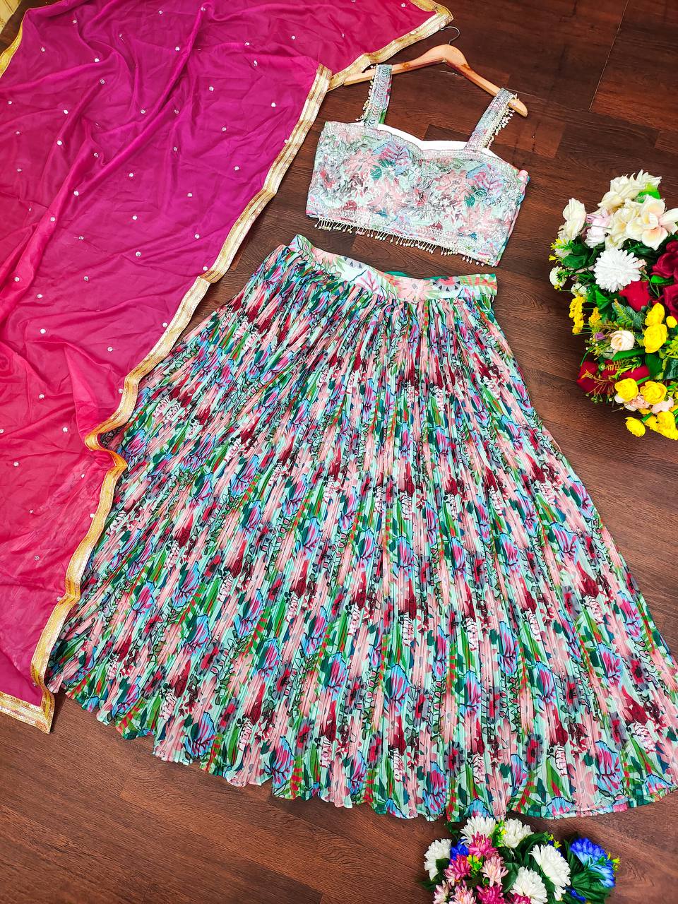 MULTI COLOR SOFT TABBY ORGENZA WITH DIGITAL PRINT WITH CRUISE PATTERN DESIGNE WORKLEHENGA - INSPIRED | Ready To Wear - qivii