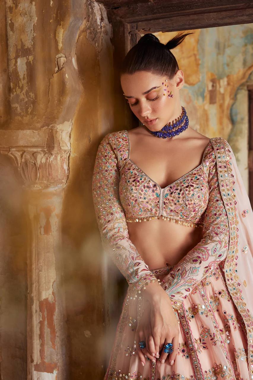 Peach Faux georgette lehenga with paper mirror - INSPIRED | Ready To Wear - qivii