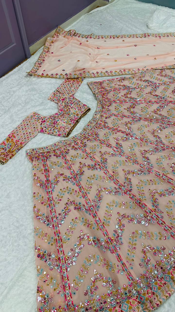 Peach Faux georgette lehenga with paper mirror - INSPIRED | Ready To Wear - qivii