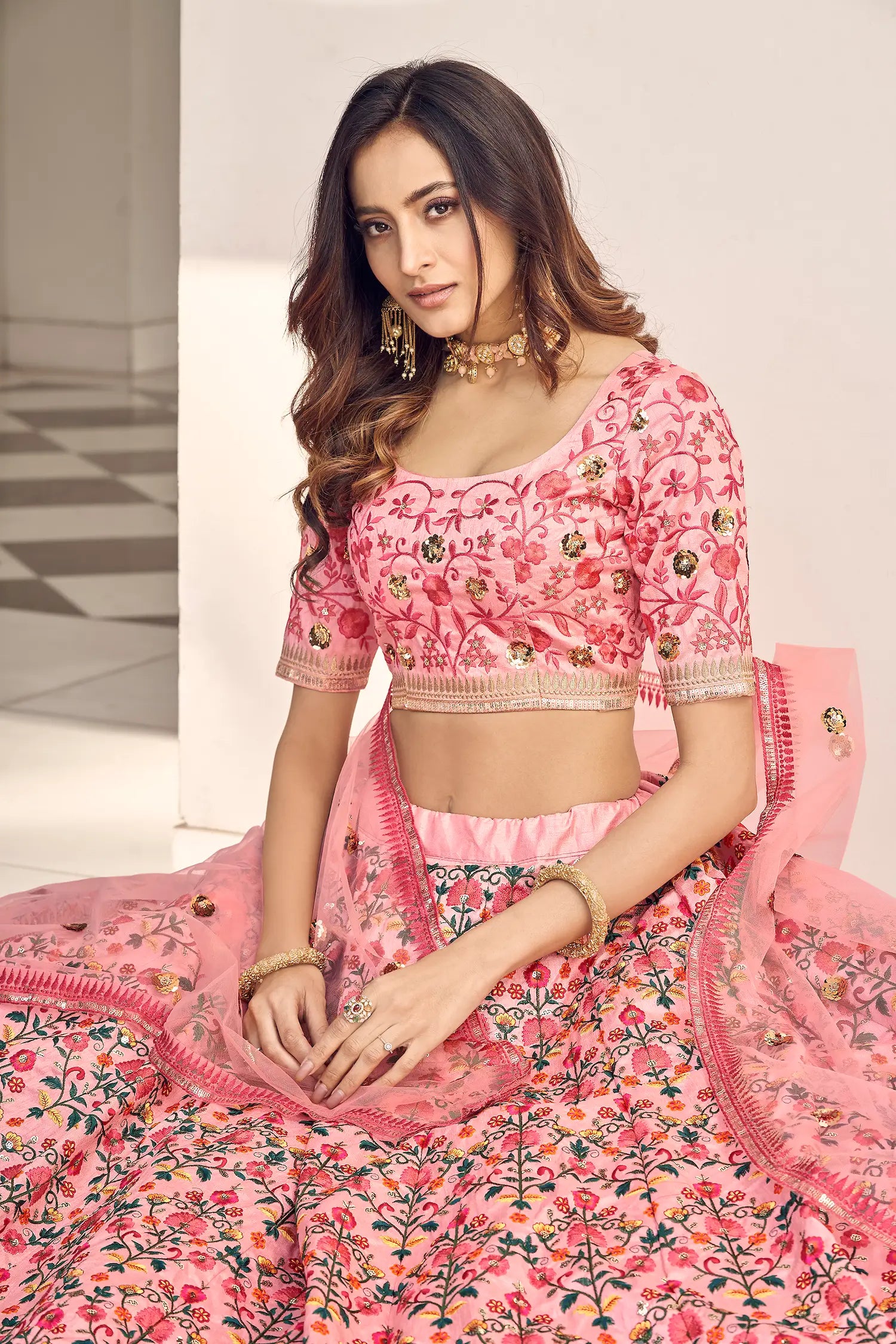 Pink Art Silk Thread with Sequence Embroidery Work Lehenga Choli | Ready To Wear - qivii