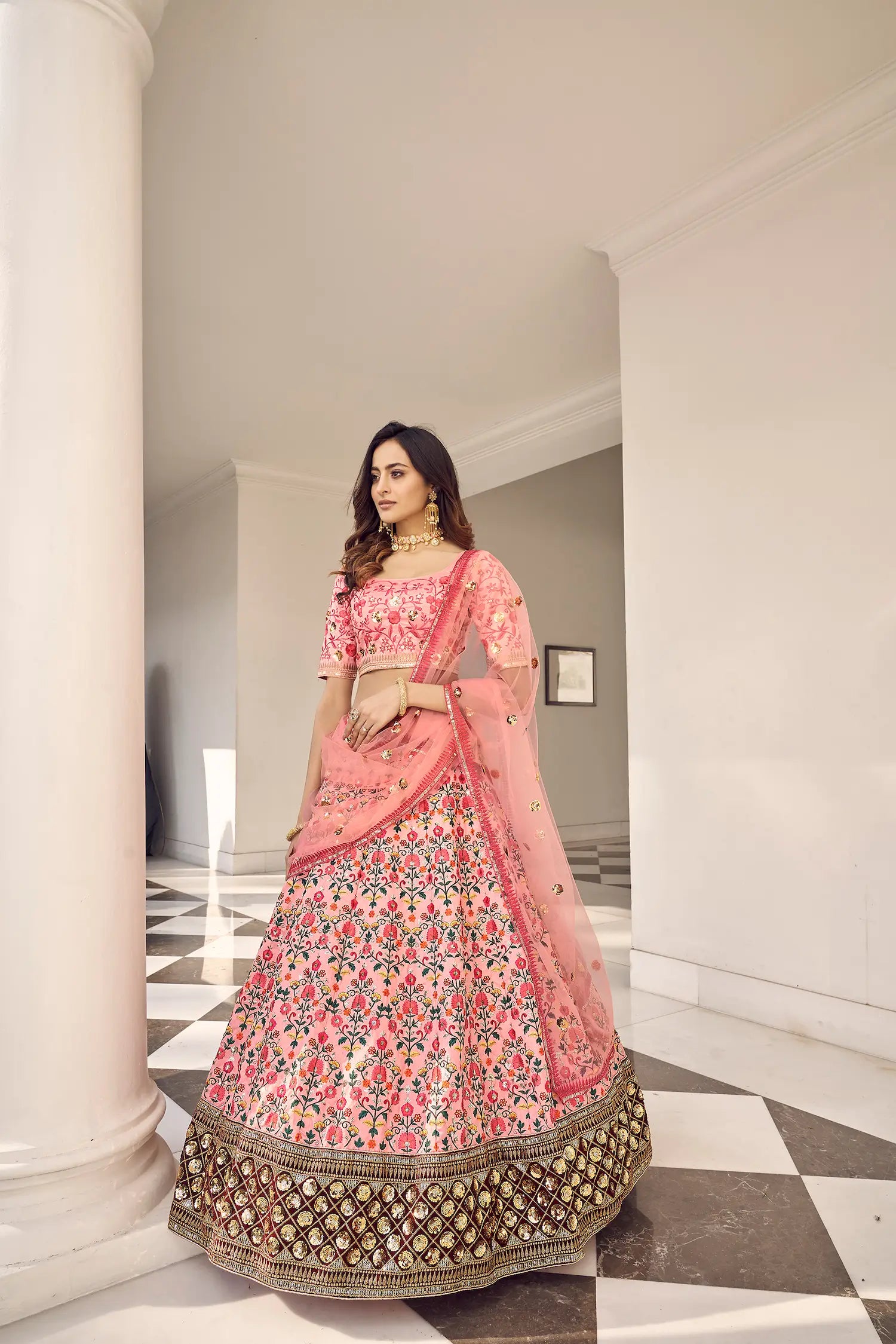 Pink Art Silk Thread with Sequence Embroidery Work Lehenga Choli | Ready To Wear - qivii