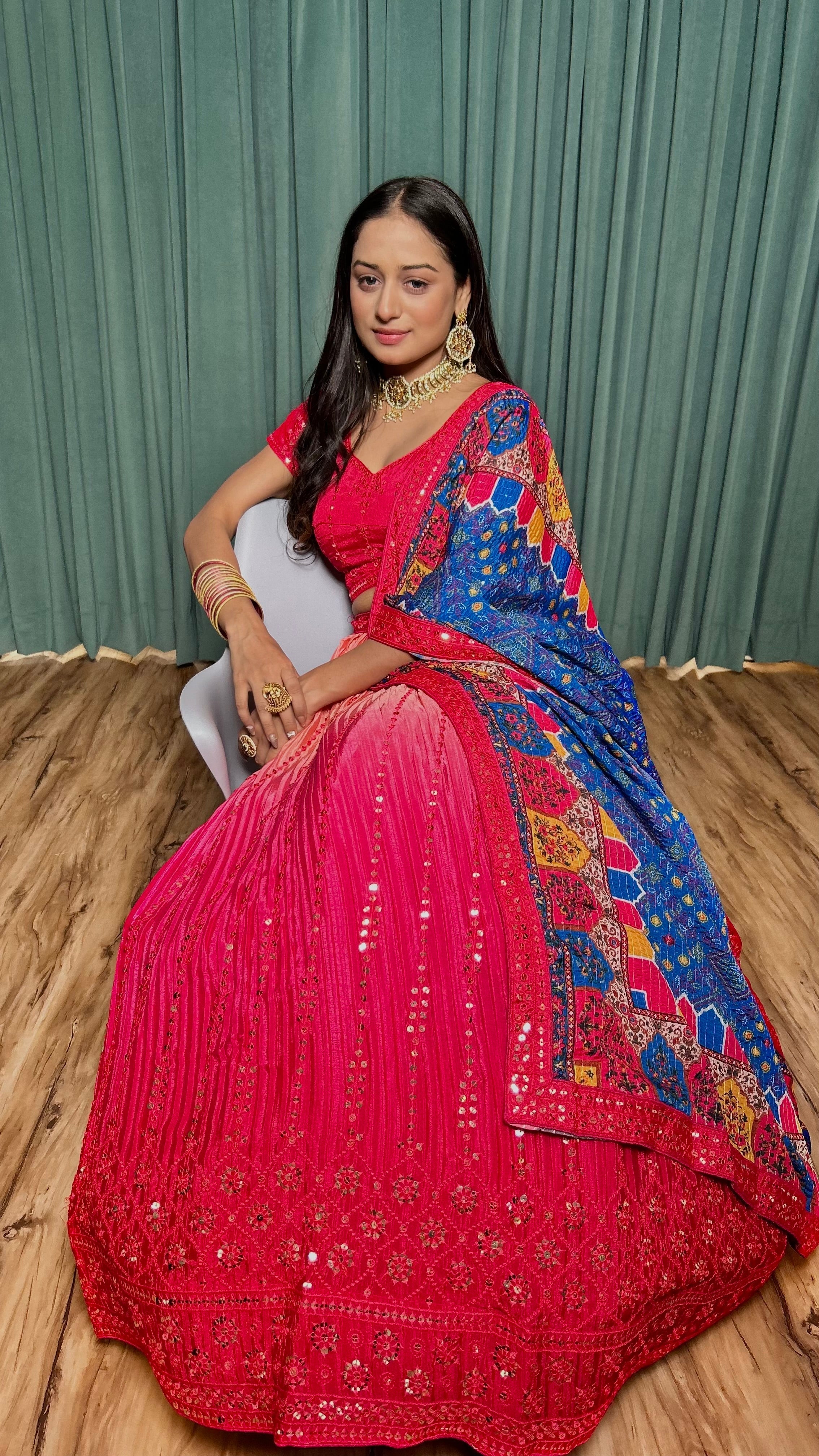Pink Chinon silk lehnga with 9mm sequins & thread work | Ready To Wear - qivii
