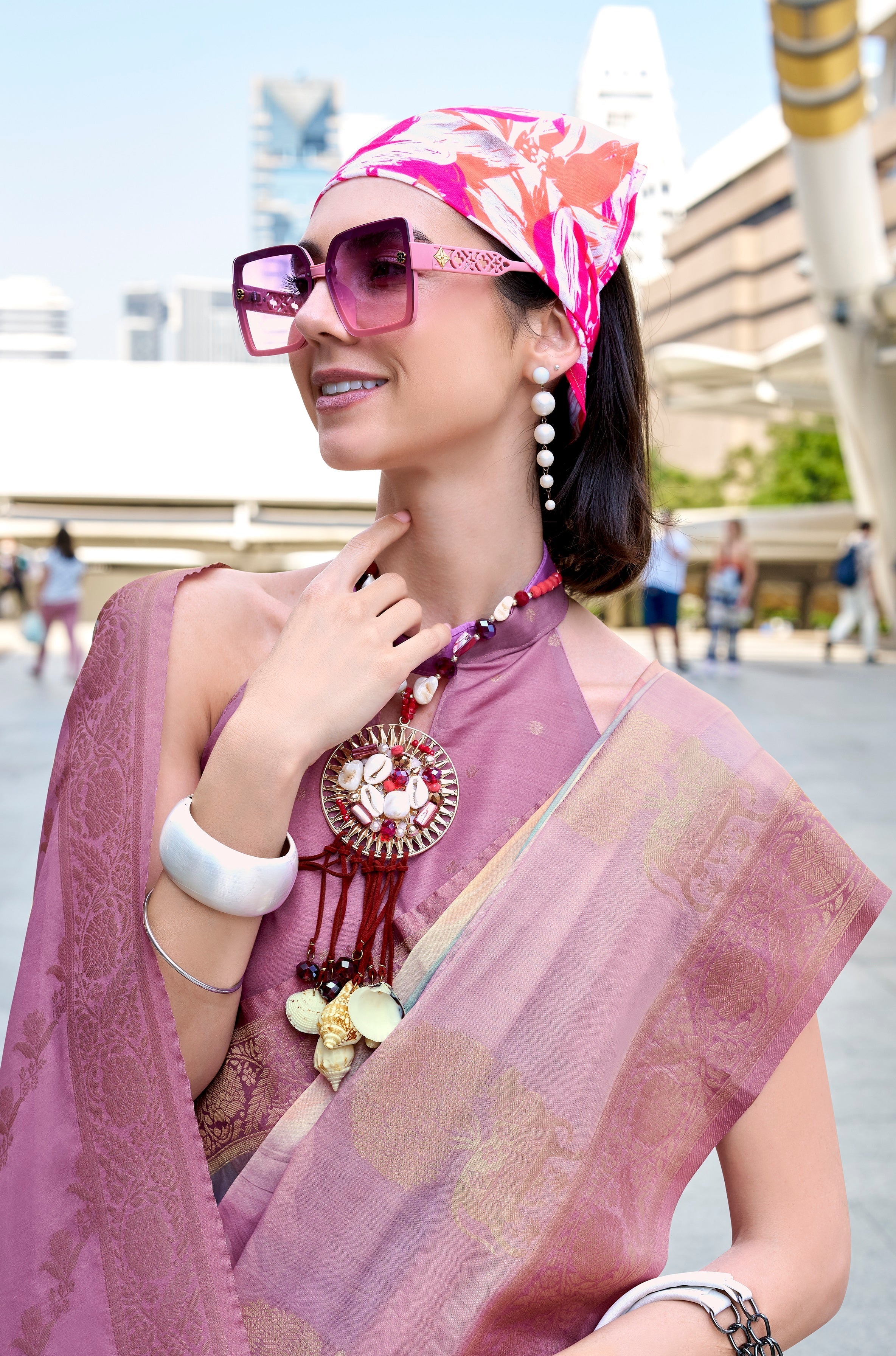 Pink Pure Handloom Mashoorm silk with Exclusive Print Saree - qivii