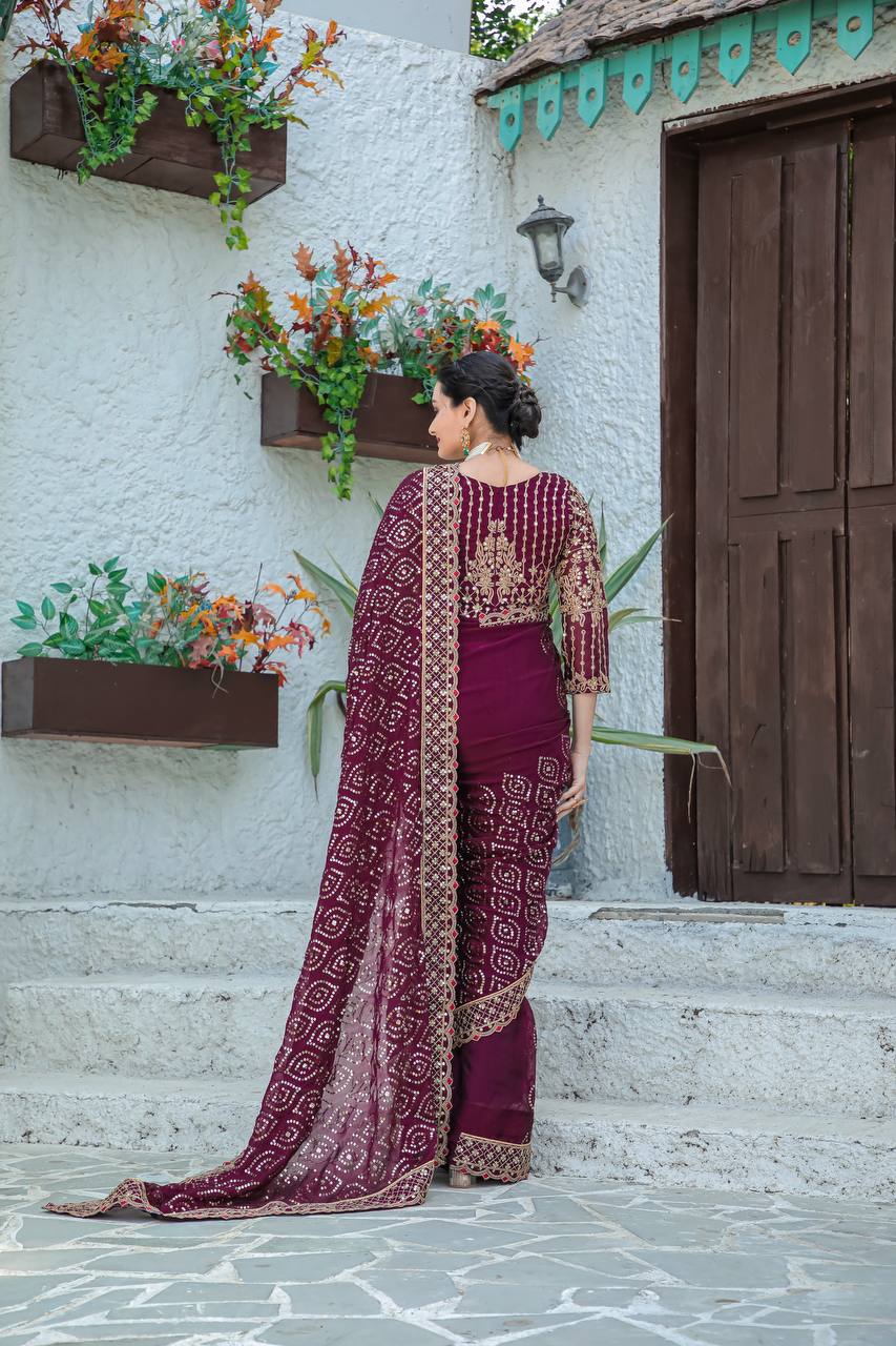 Purple Heavy Kasturi silk georgette saree with sequins , Dori & zari work - qivii