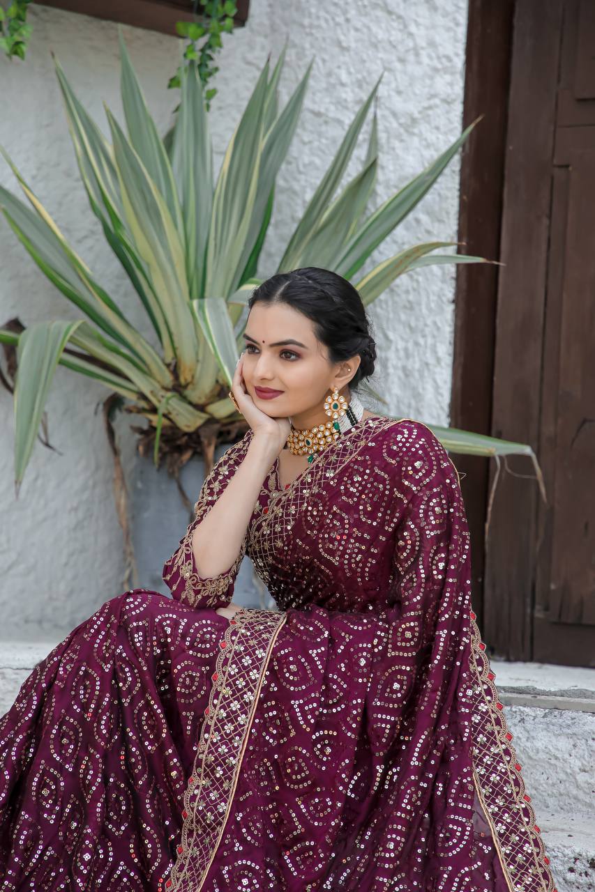 Purple Heavy Kasturi silk georgette saree with sequins , Dori & zari work - qivii