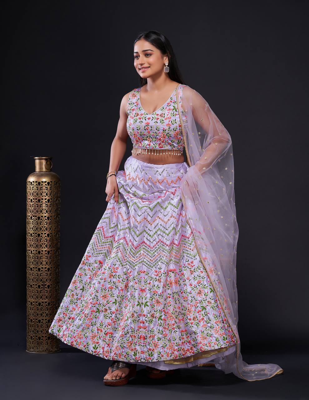 Purple Heavy satin silk lehnga with sequence & thread work | Ready To Wear - qivii