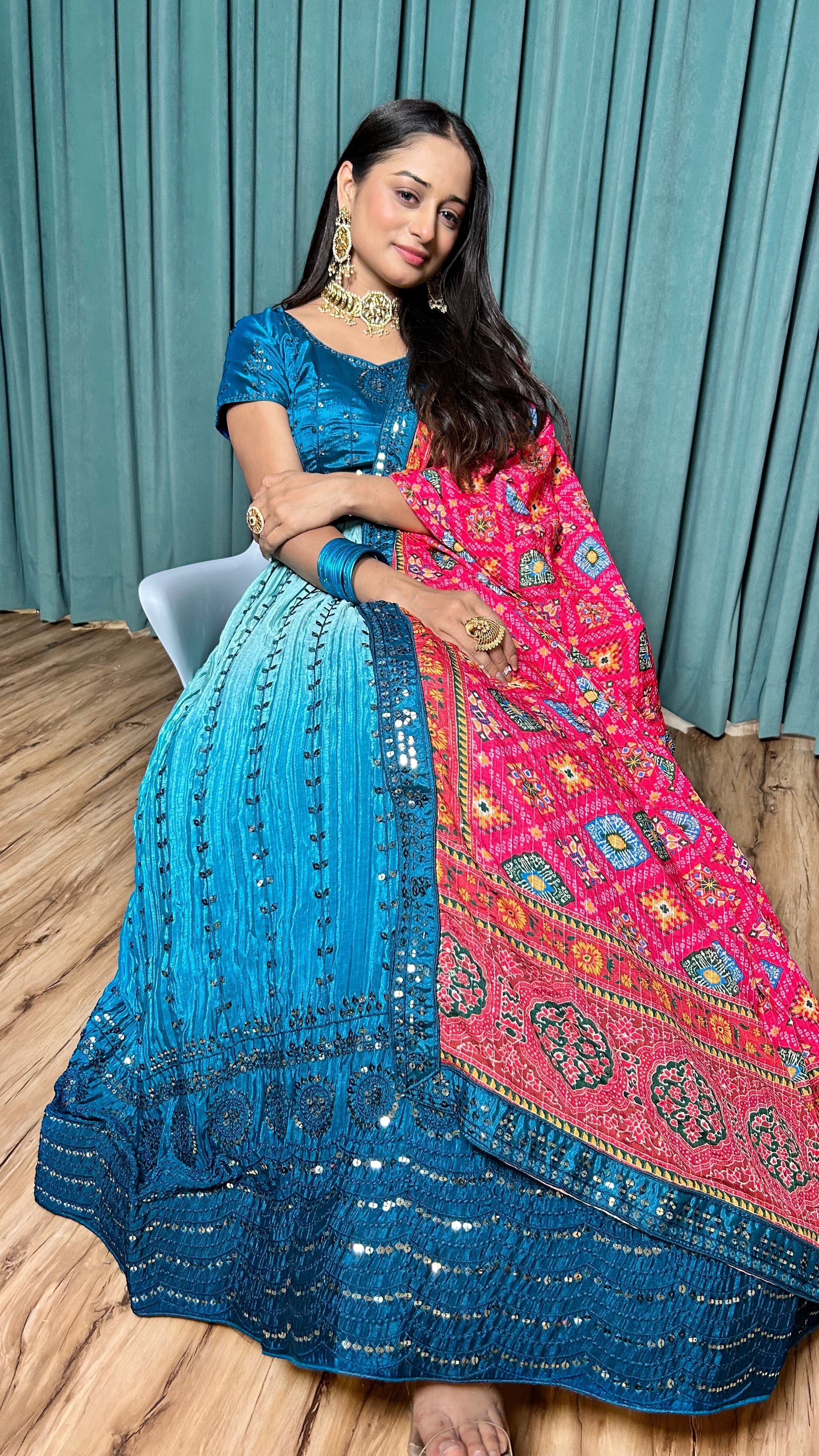 Rama Blue Chinon silk lehnga with 9mm sequins & thread work | Ready To Wear - qivii