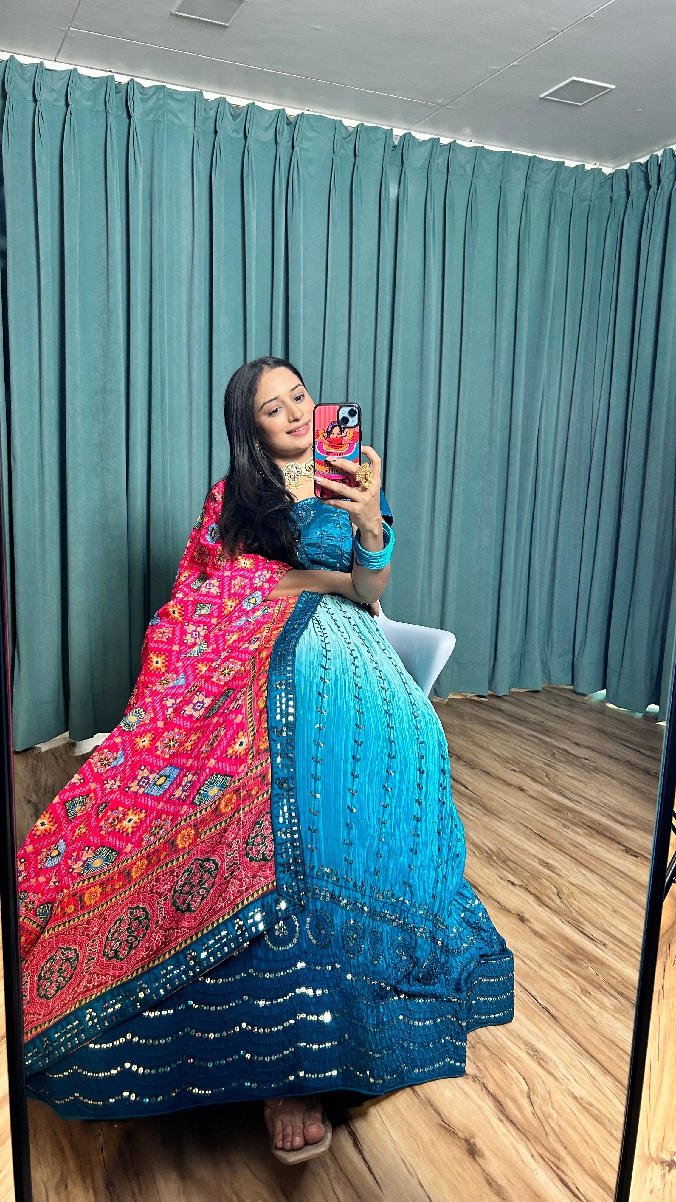 Rama Blue Chinon silk lehnga with 9mm sequins & thread work | Ready To Wear - qivii