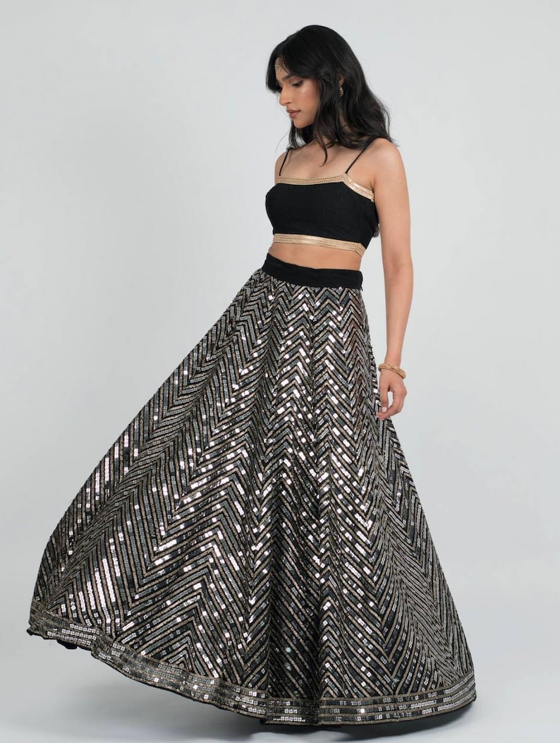 Black lehenga choli with floral embroidery and sequins