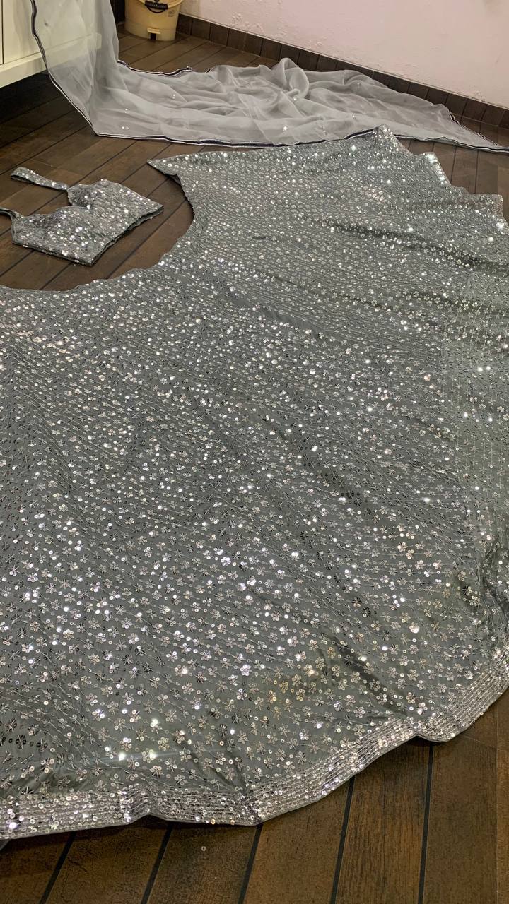 Silver Kasturi crep silk lehnga with sequence work - INSPIRED | Ready To Wear - qivii