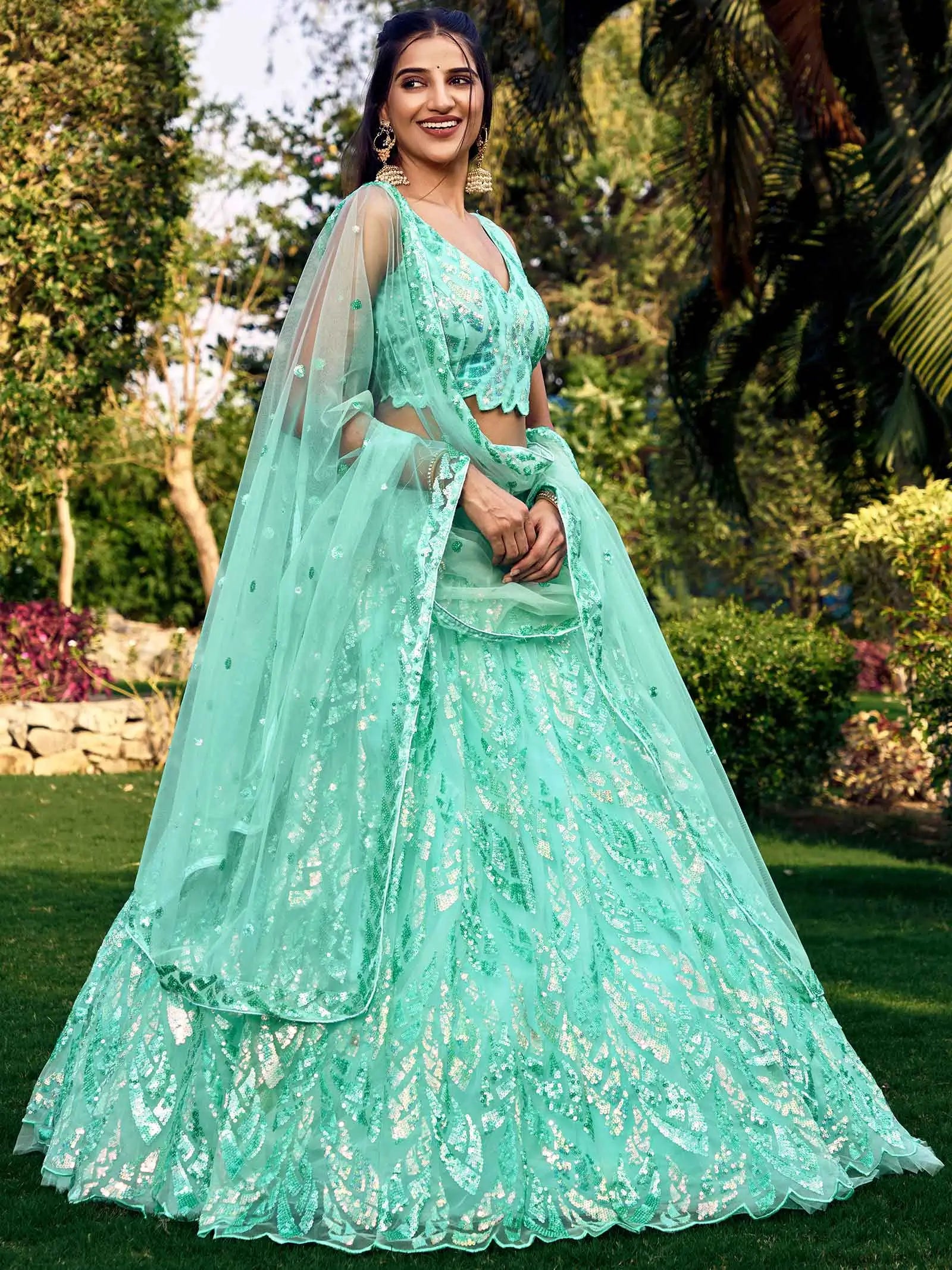 Sky Blue Soft Net Lehenga With Multiple Sequins And Thread Embroidery Work | Ready To Wear - qivii