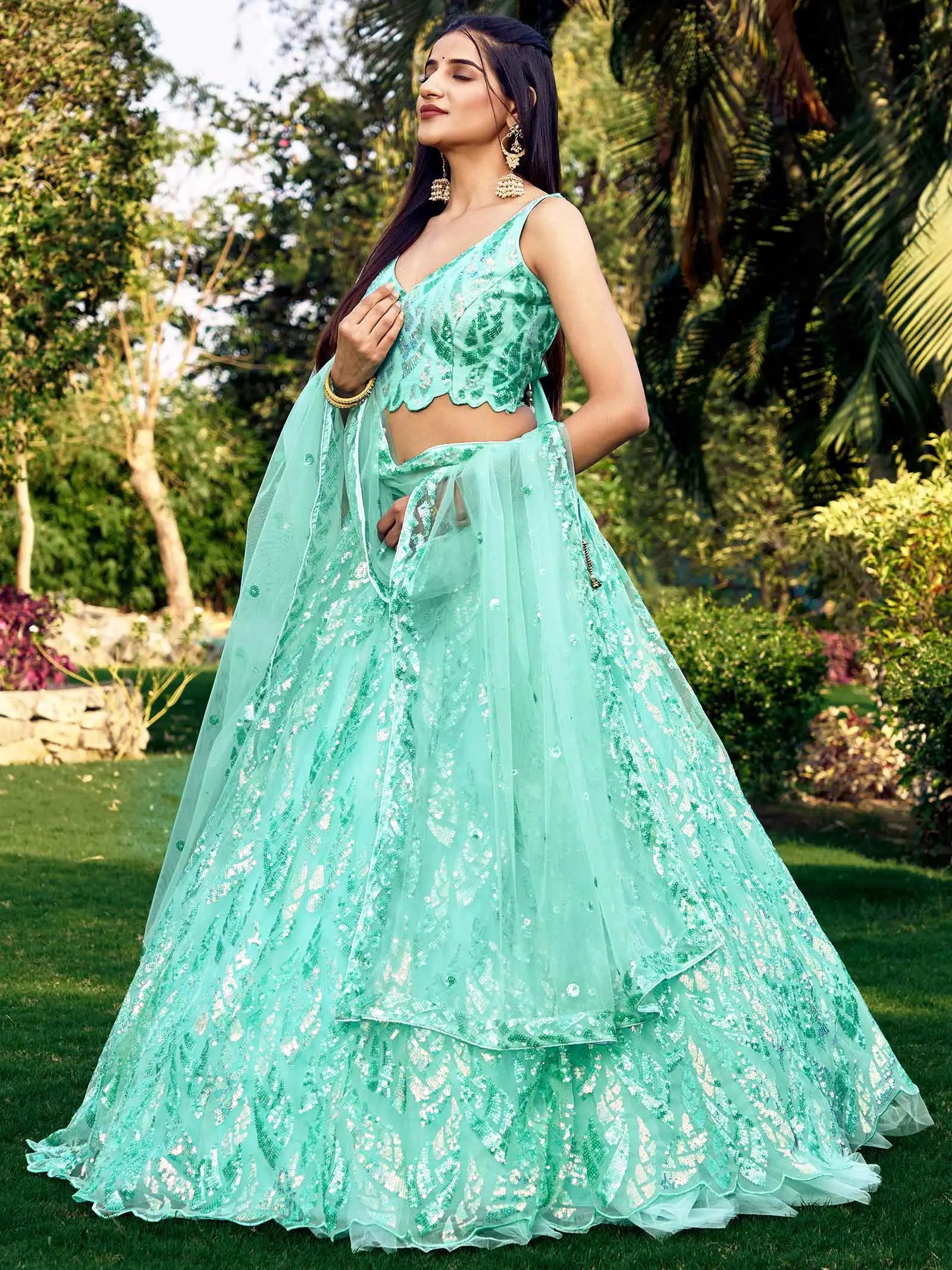 Sky Blue Soft Net Lehenga With Multiple Sequins And Thread Embroidery Work | Ready To Wear - qivii