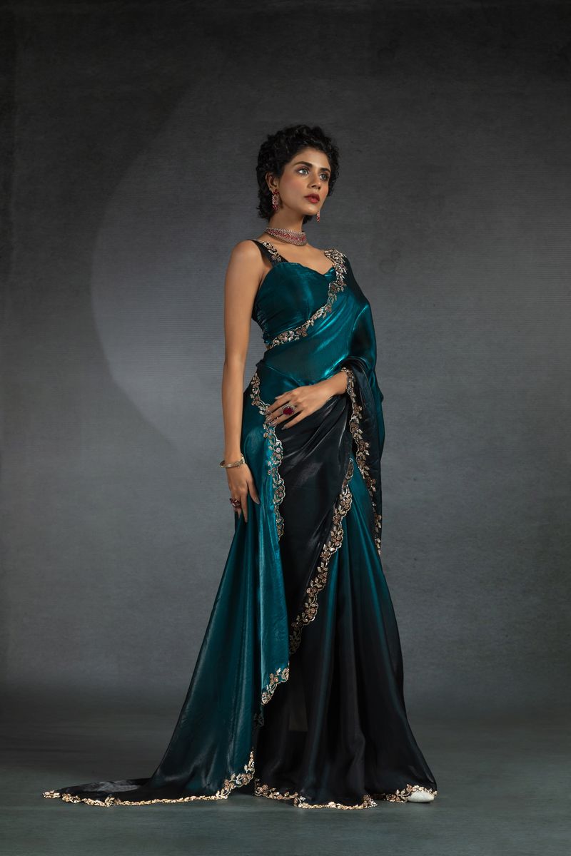 Teal BLue Two Tone Shaded Satin Silk With Zarkan Handwork & Cut Work Border Saree - qivii