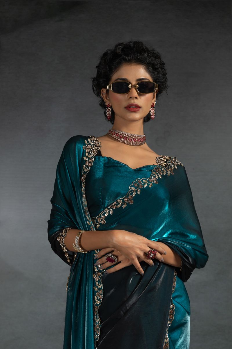 Teal BLue Two Tone Shaded Satin Silk With Zarkan Handwork & Cut Work Border Saree - qivii