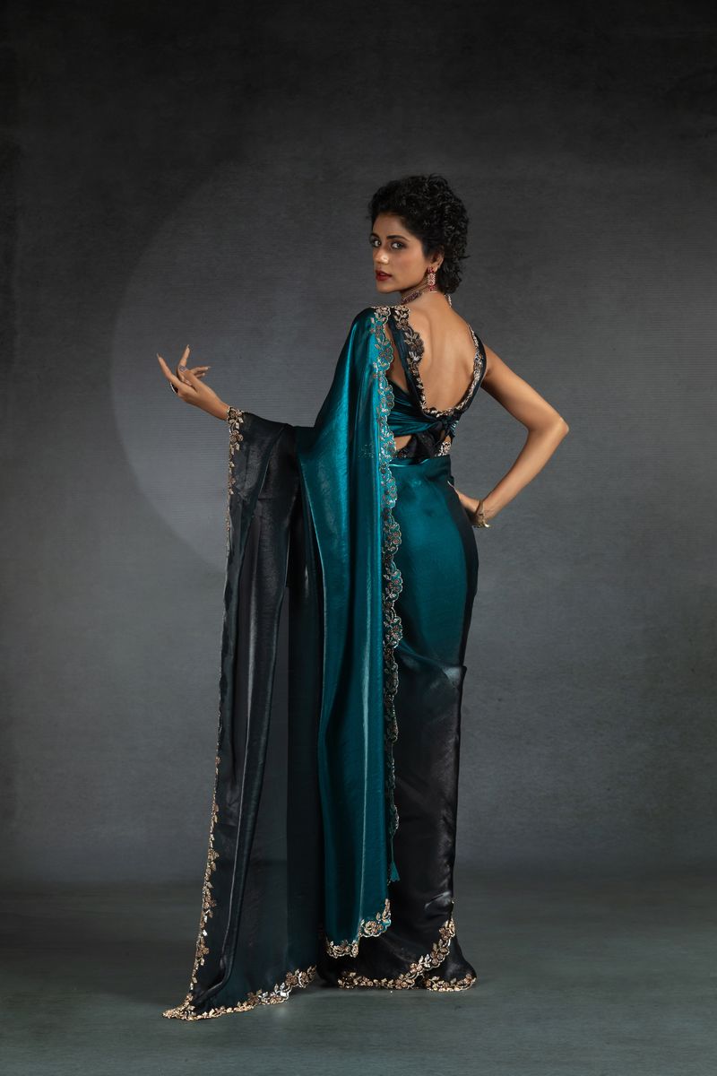 Teal BLue Two Tone Shaded Satin Silk With Zarkan Handwork & Cut Work Border Saree - qivii