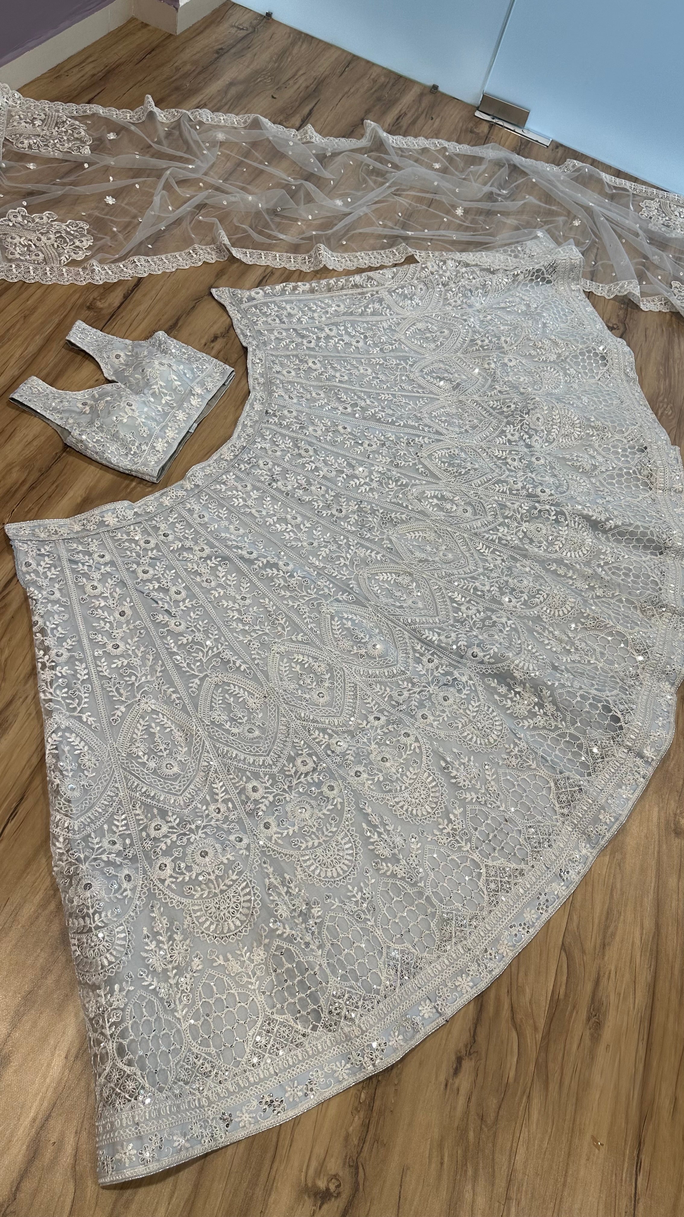 White Net lehenga with sequins & thread work - INSPIRED | Ready To Wear - qivii