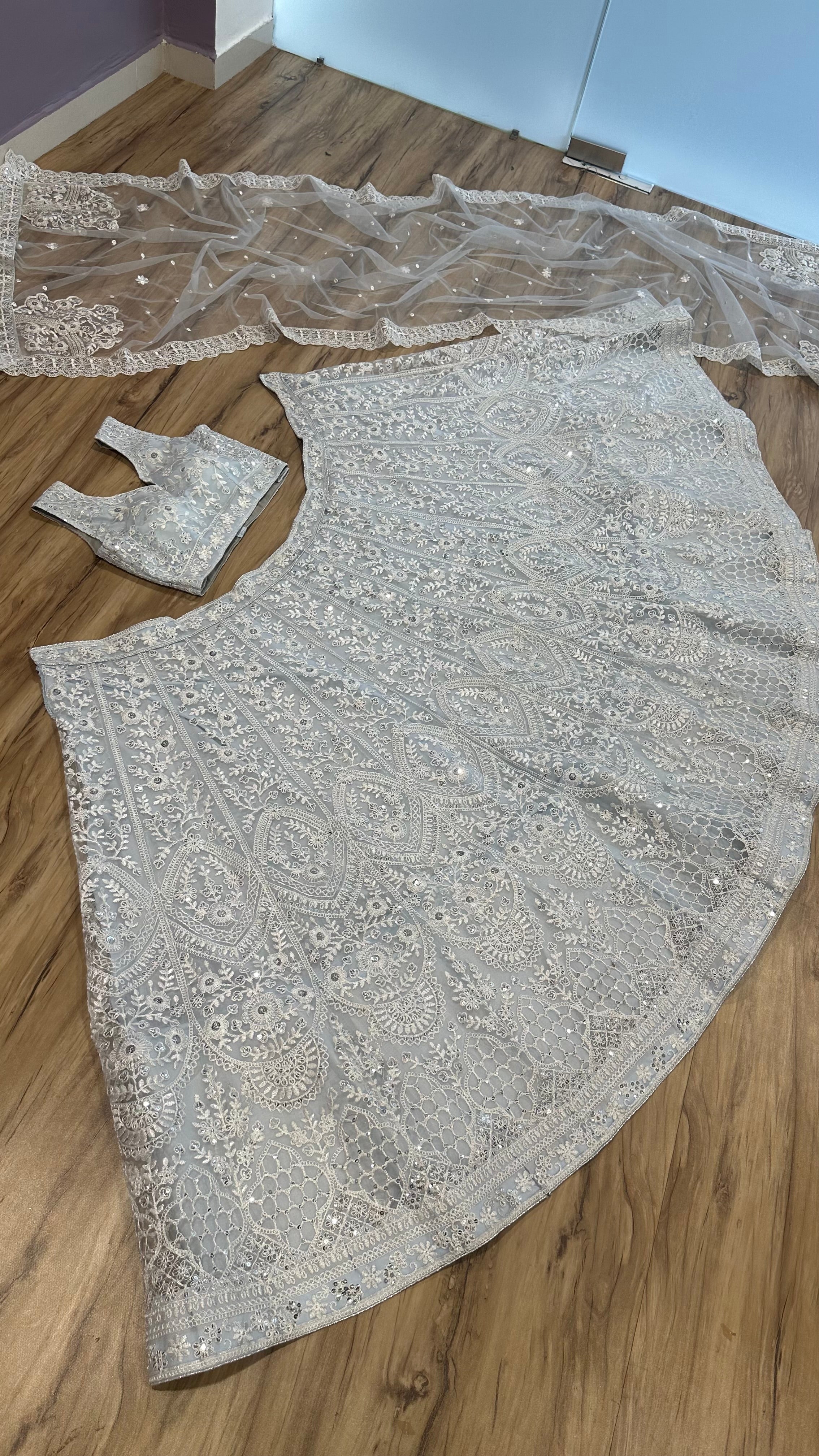 White Net lehenga with sequins & thread work - INSPIRED | Ready To Wear - qivii