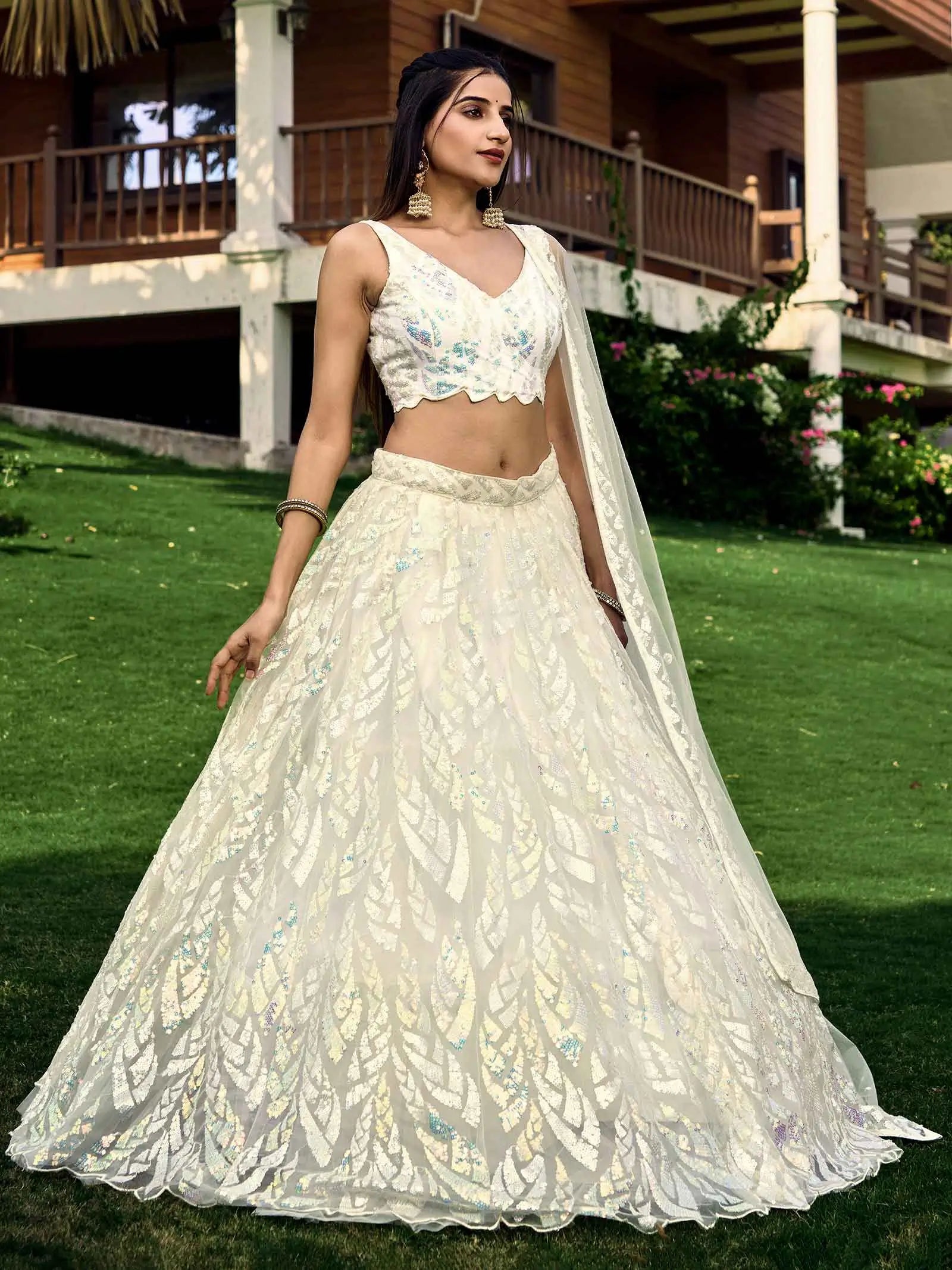 White Soft Net Lehenga With Multiple Sequins And Thread Embroidery Work | Ready To Wear - qivii