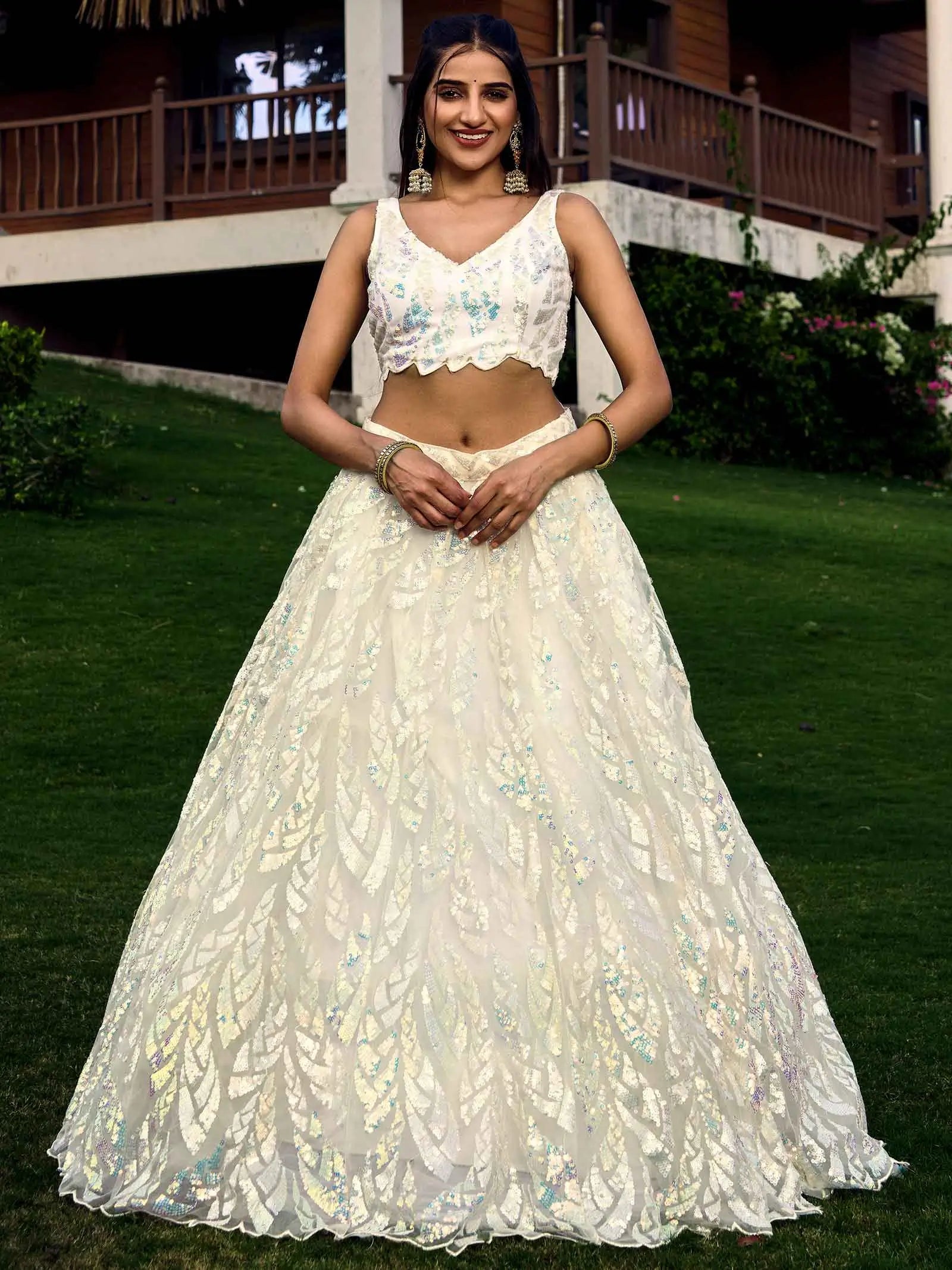 White Soft Net Lehenga With Multiple Sequins And Thread Embroidery Work | Ready To Wear - qivii