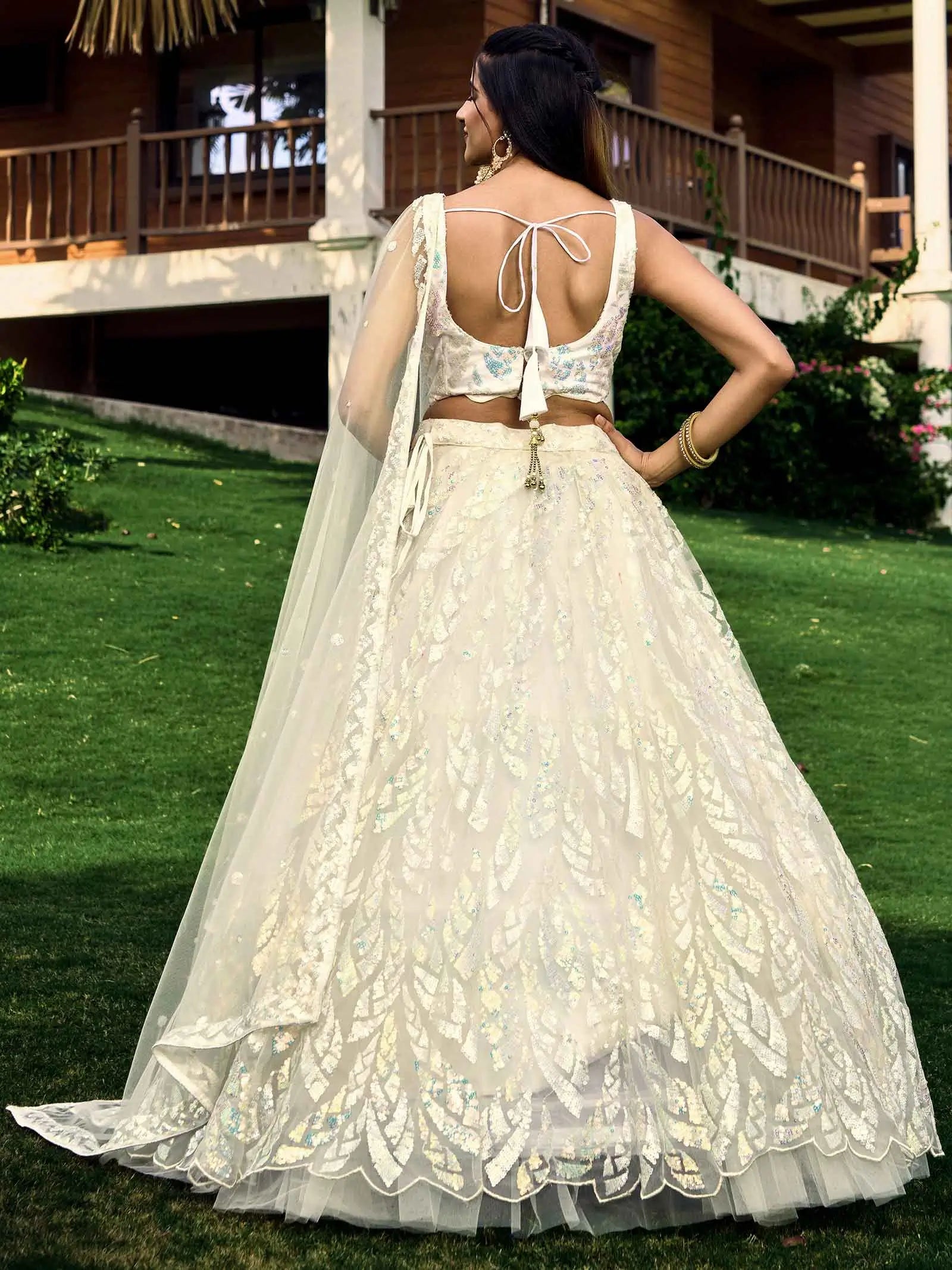 White Soft Net Lehenga With Multiple Sequins And Thread Embroidery Work | Ready To Wear - qivii