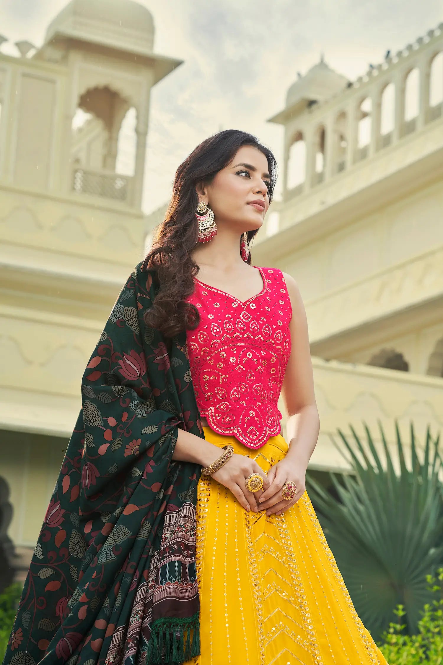 Yellow-Pink Georgette Lehenga Choli With Thread with Sequence Embroidery Work | Ready To Wear - qivii
