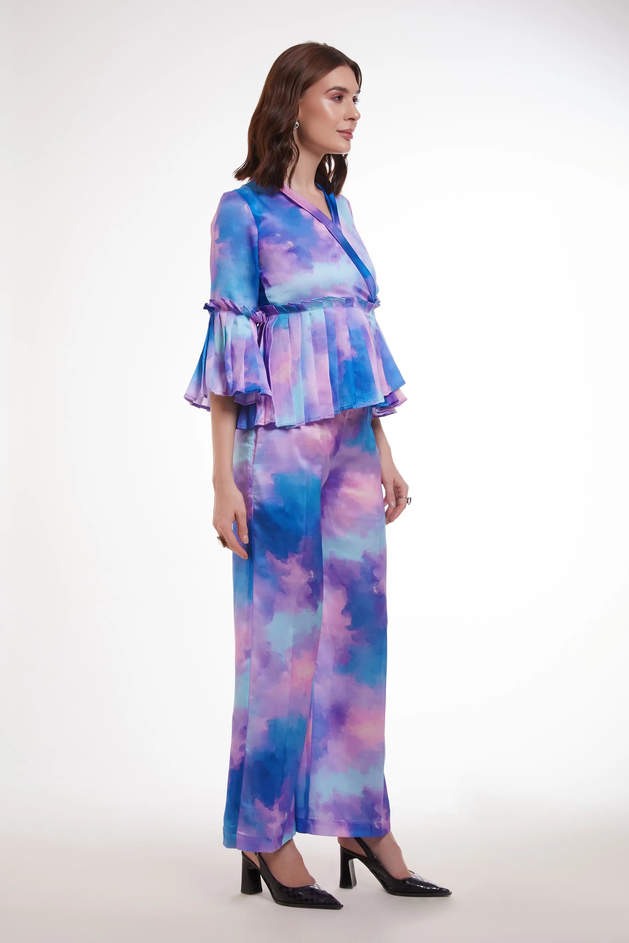 Purple Printed Satin Co-ord Set - qivii