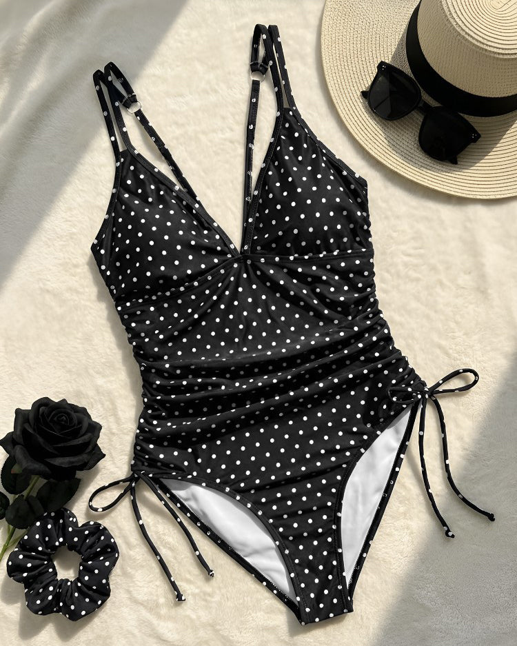 Polka Dot Double Strap Ruched Ring Cutout  One Piece Swimsuit  - By Qivii