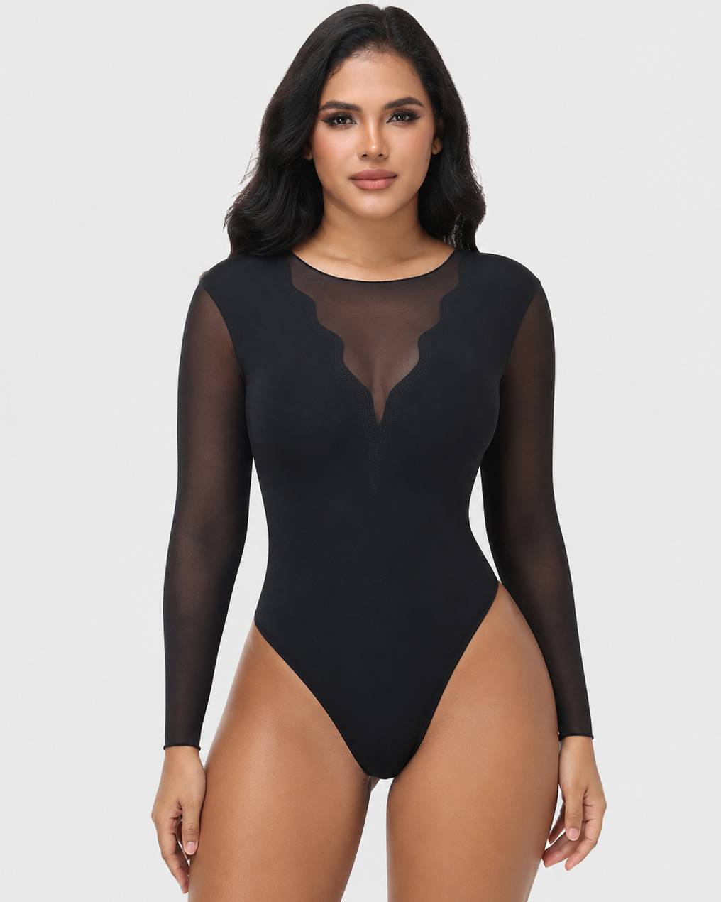 Sheer Mesh Long Sleeve Tummy Control Thong Shaping Bodysuit