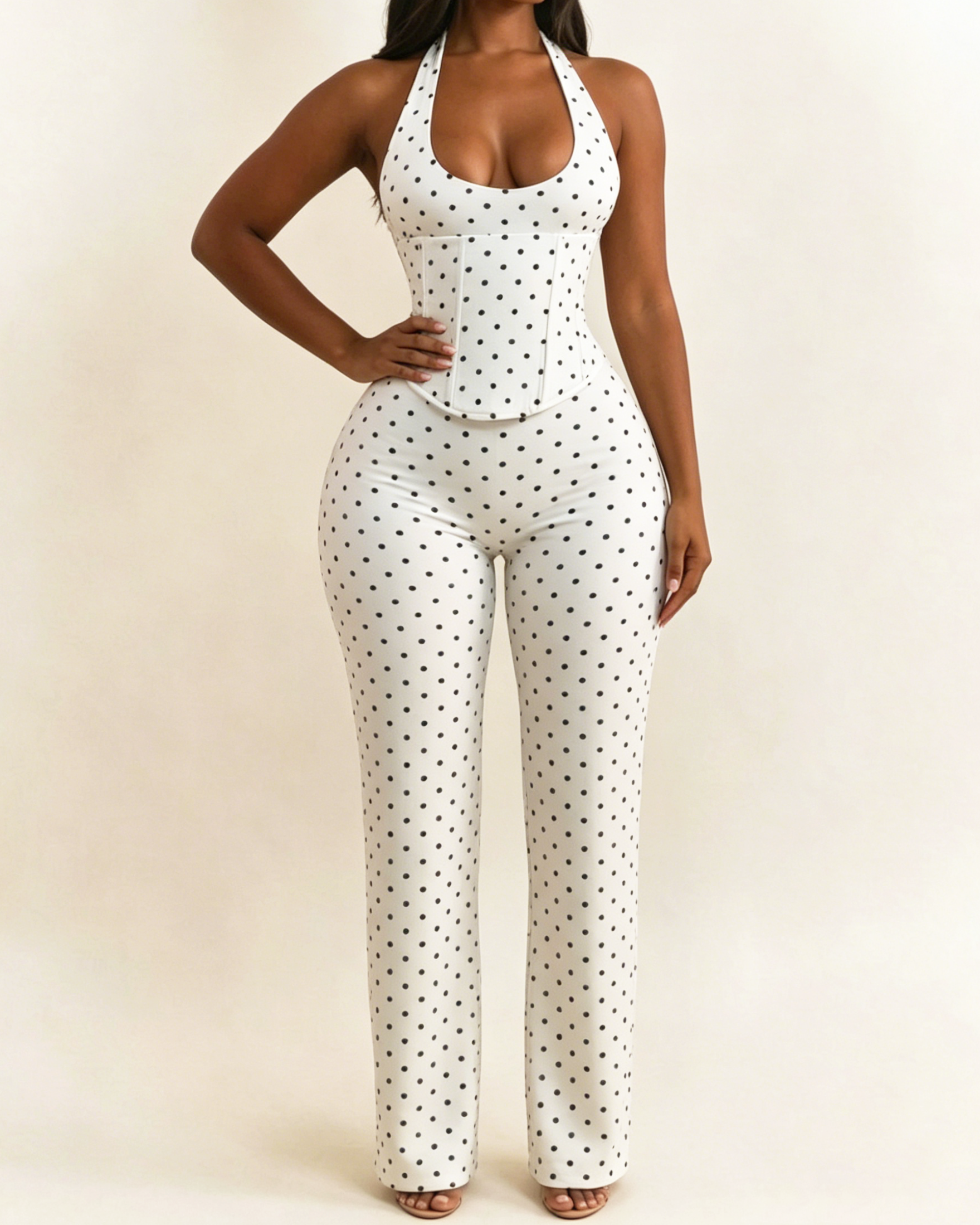 Polk Dot Halter-Neck Backless Detachable Corset Wide-leg Jumpsuit Two-Piece Set  - By Qivii